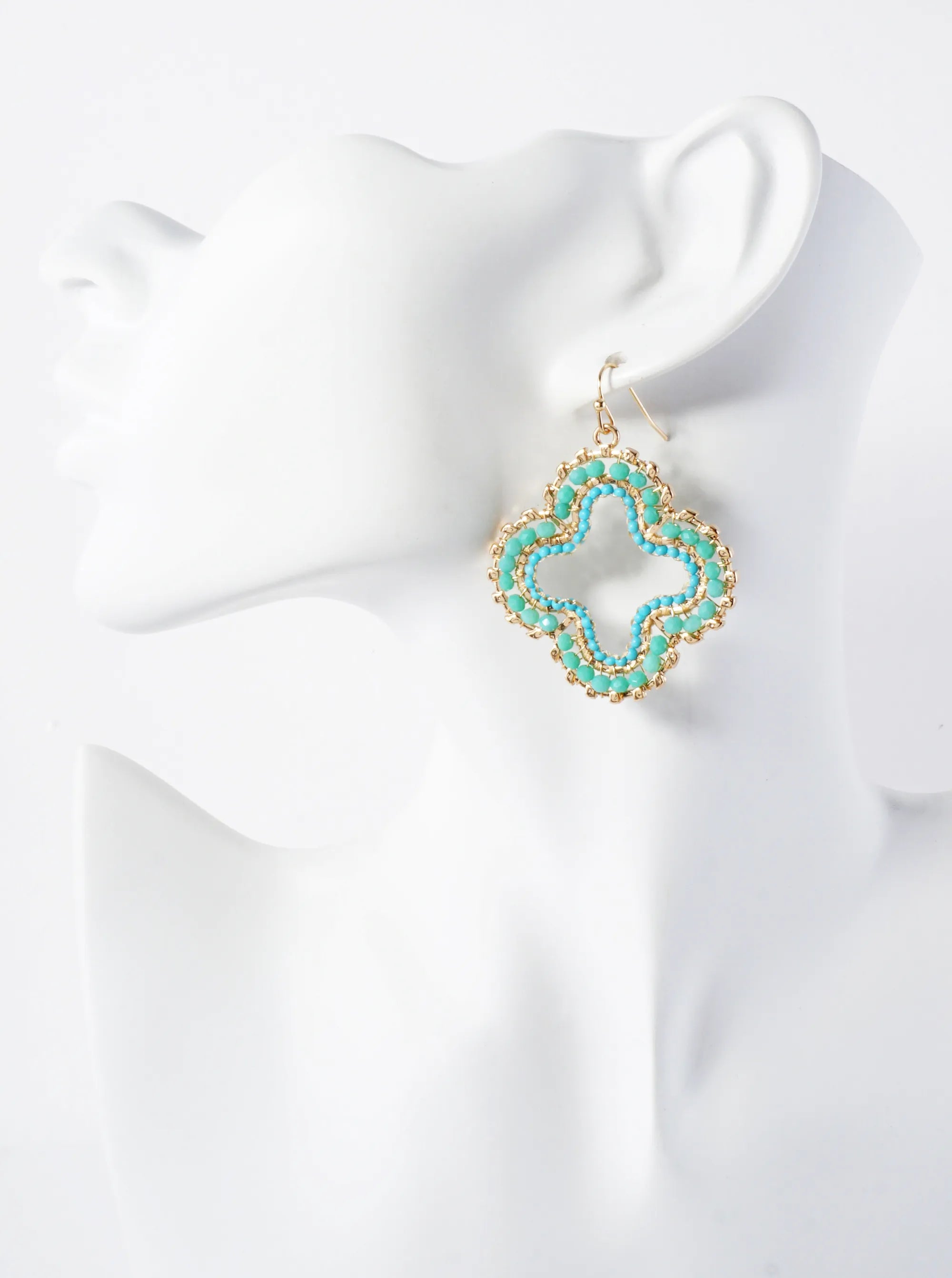 Metallic And Glass-Beads Wire-Wrapped Quatrefoil Dangle Drop Earrings
