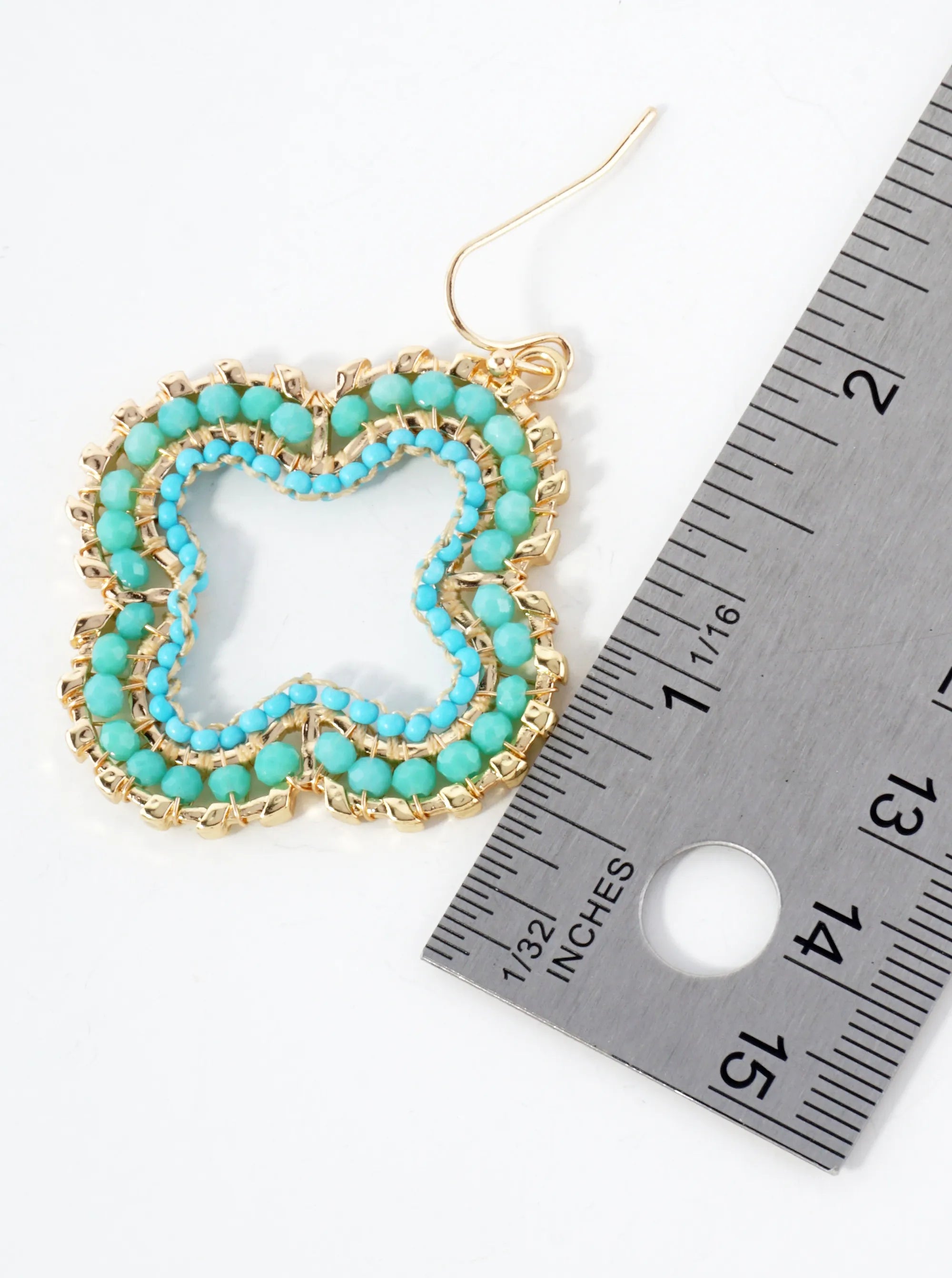 Metallic And Glass-Beads Wire-Wrapped Quatrefoil Dangle Drop Earrings