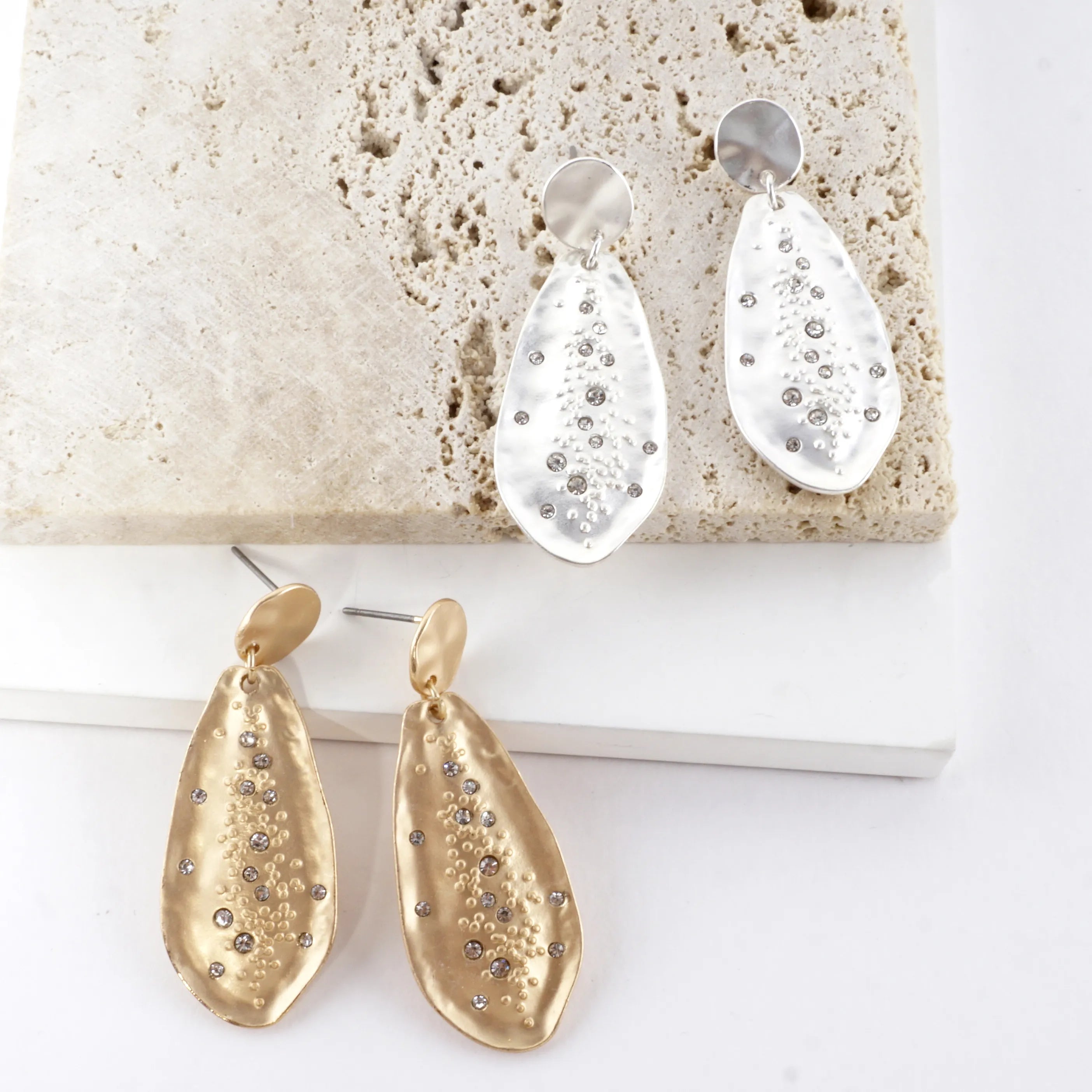 Organic Hammered Drop Sprinkle Crystal Earrings