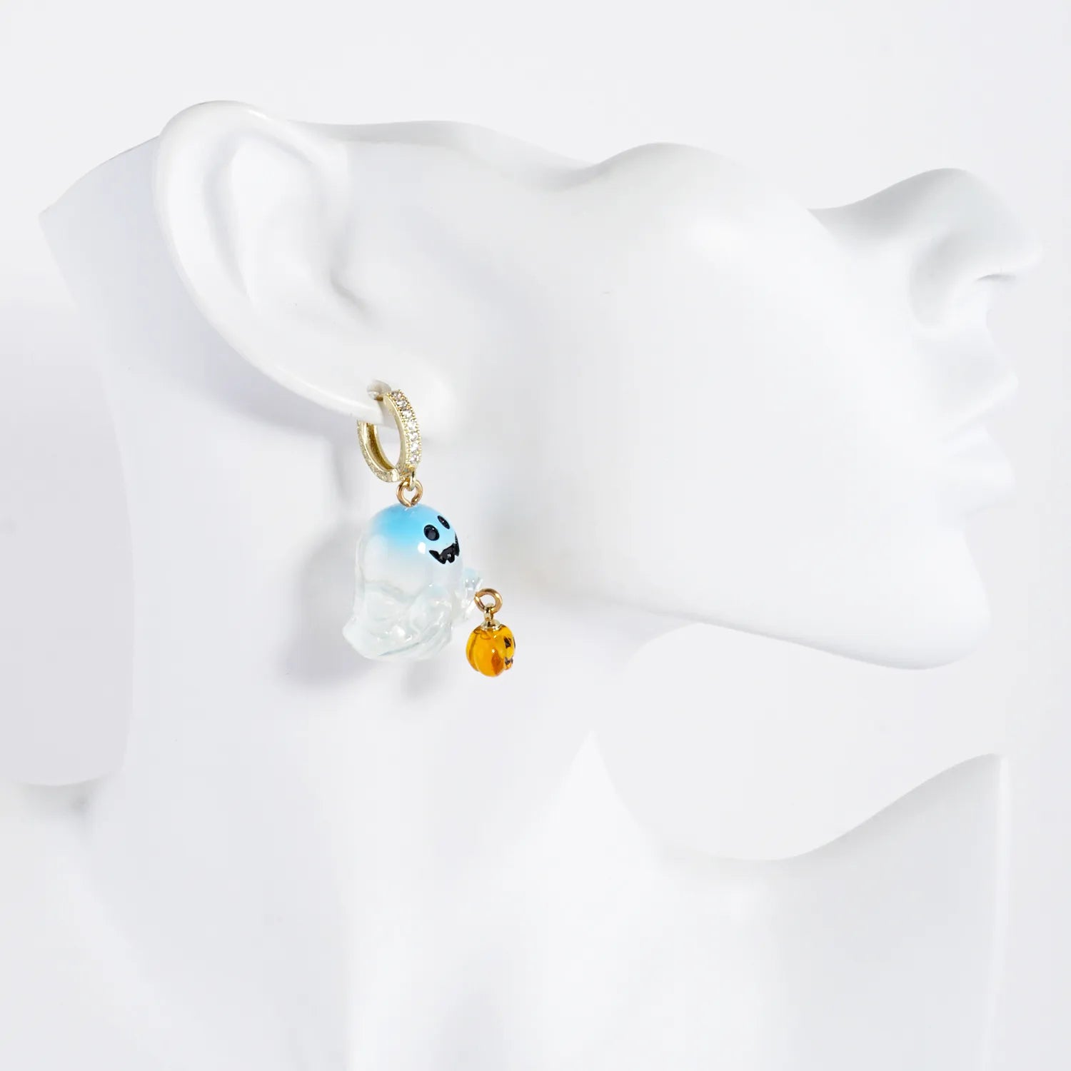 Pave-Set CZ 10mm Huggie Hoop Earrings With Dangling Halloween Ghost