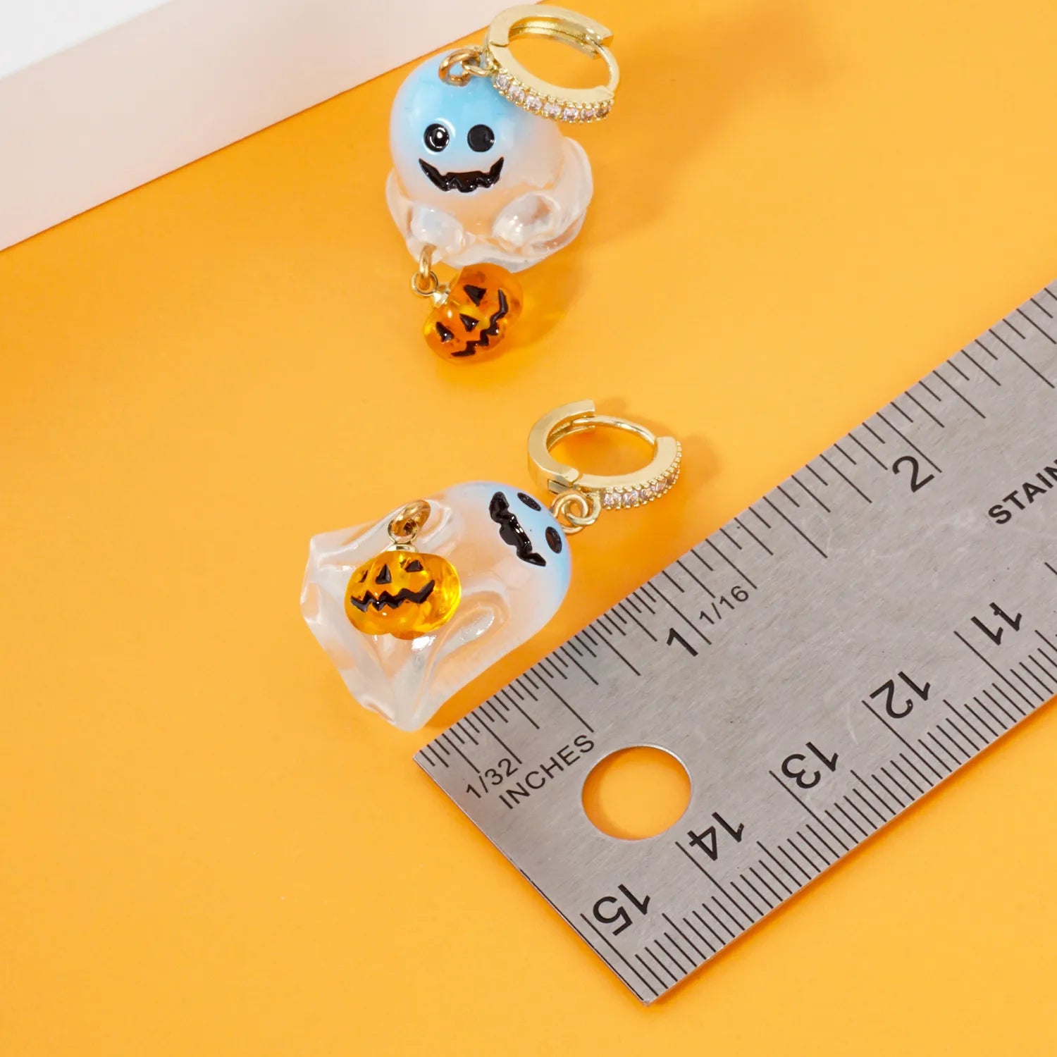 Pave-Set CZ 10mm Huggie Hoop Earrings With Dangling Halloween Ghost