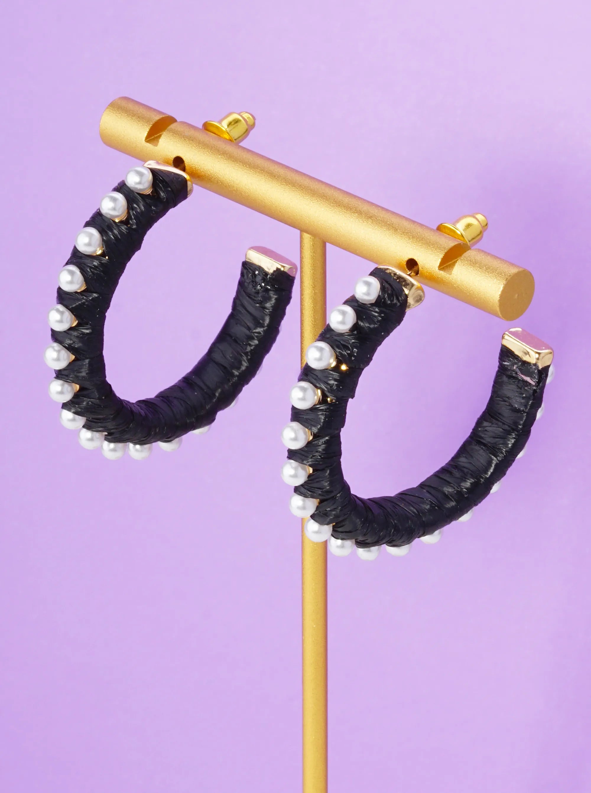 Pearl Beaded 30mm Raffia Wrapped Open Hoop Earrings