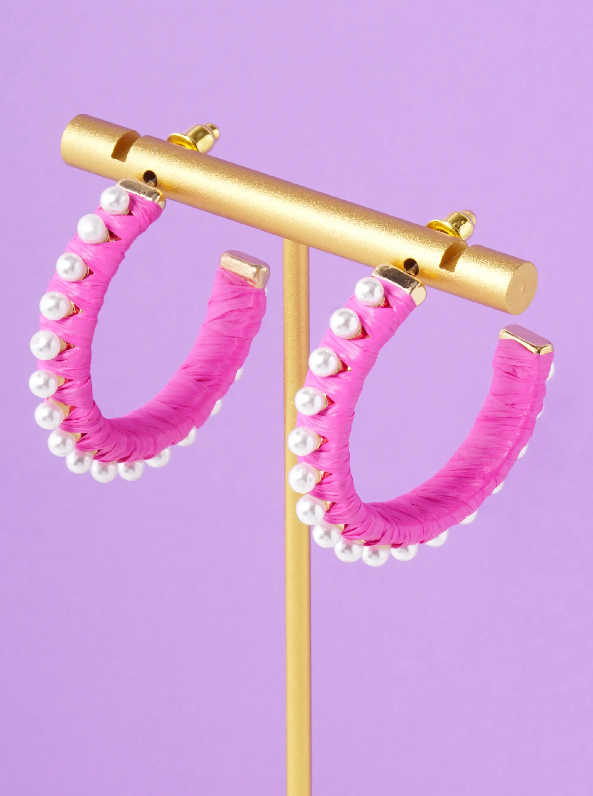 Pearl Beaded 30mm Raffia Wrapped Open Hoop Earrings