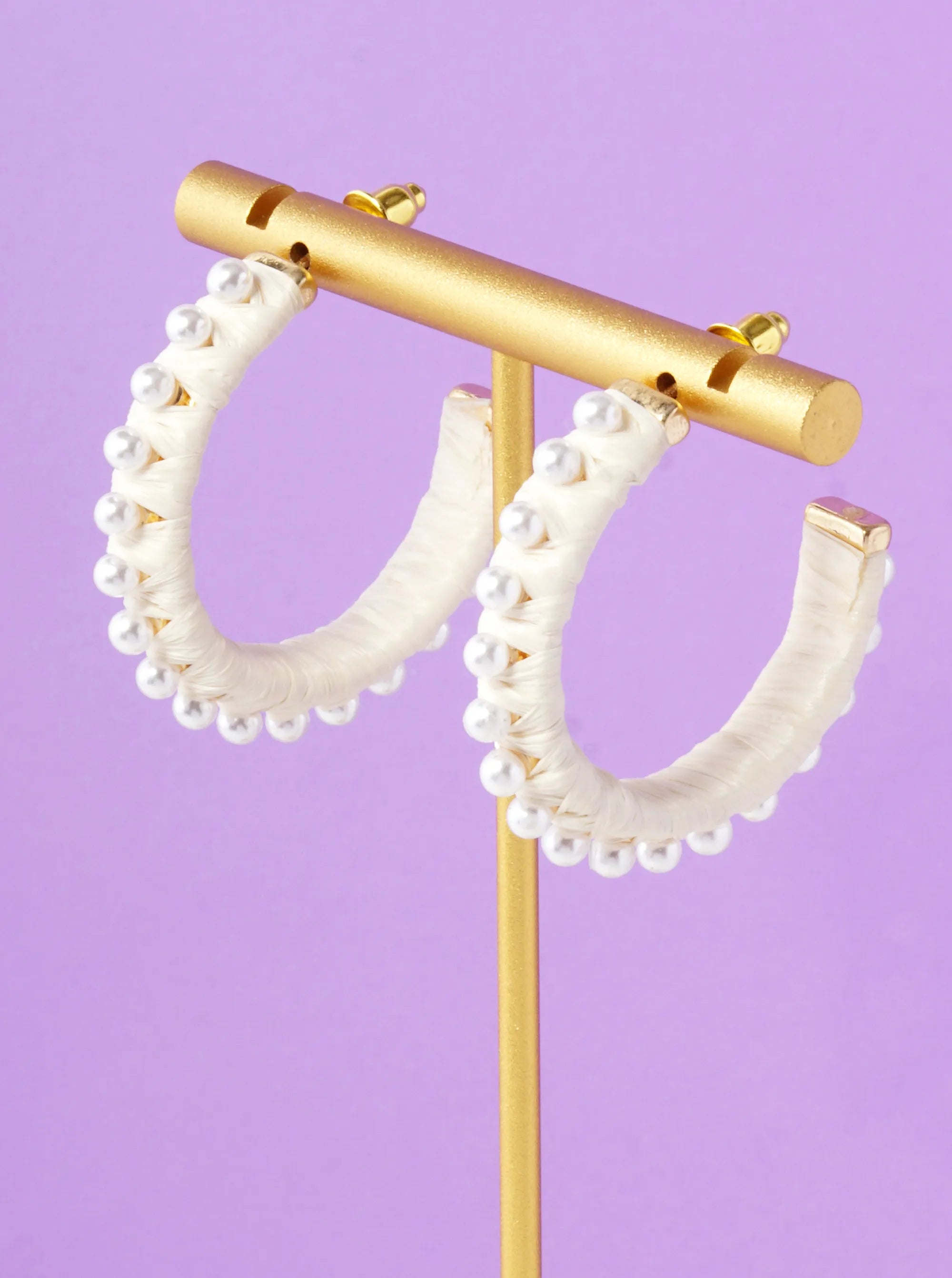 Pearl Beaded 30mm Raffia Wrapped Open Hoop Earrings