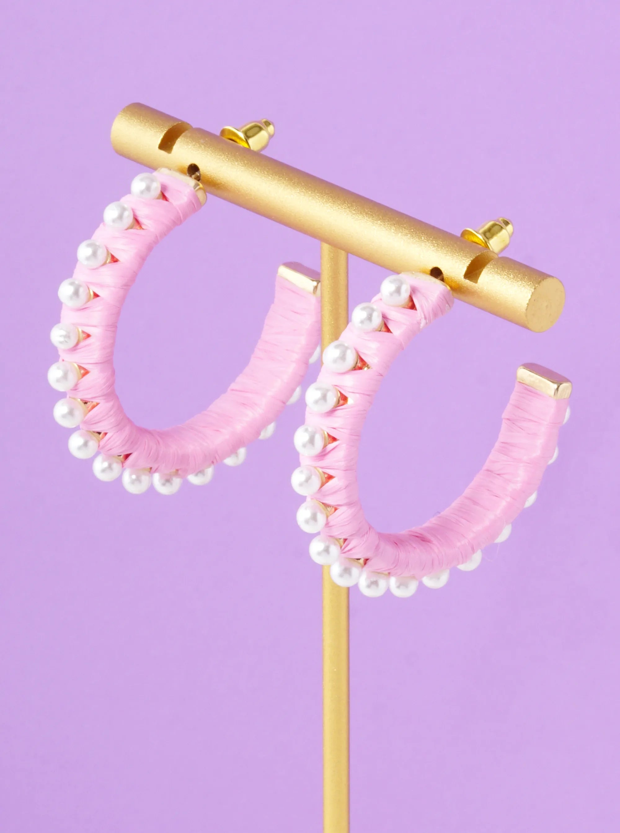 Pearl Beaded 30mm Raffia Wrapped Open Hoop Earrings