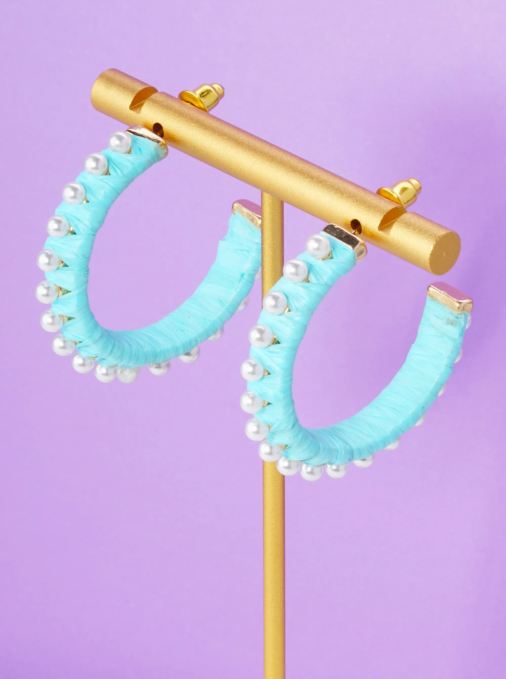 Pearl Beaded 30mm Raffia Wrapped Open Hoop Earrings