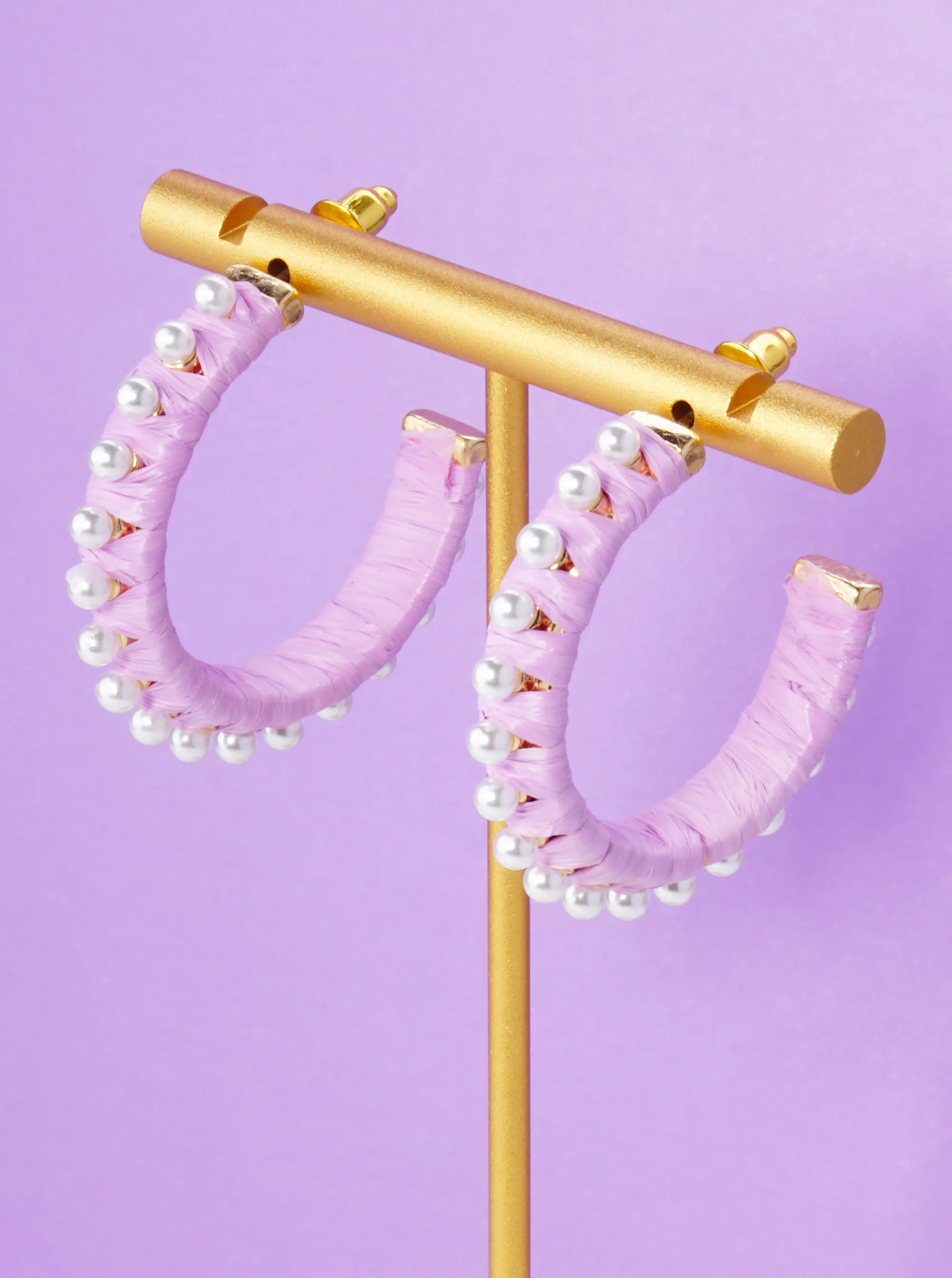 Pearl Beaded 30mm Raffia Wrapped Open Hoop Earrings