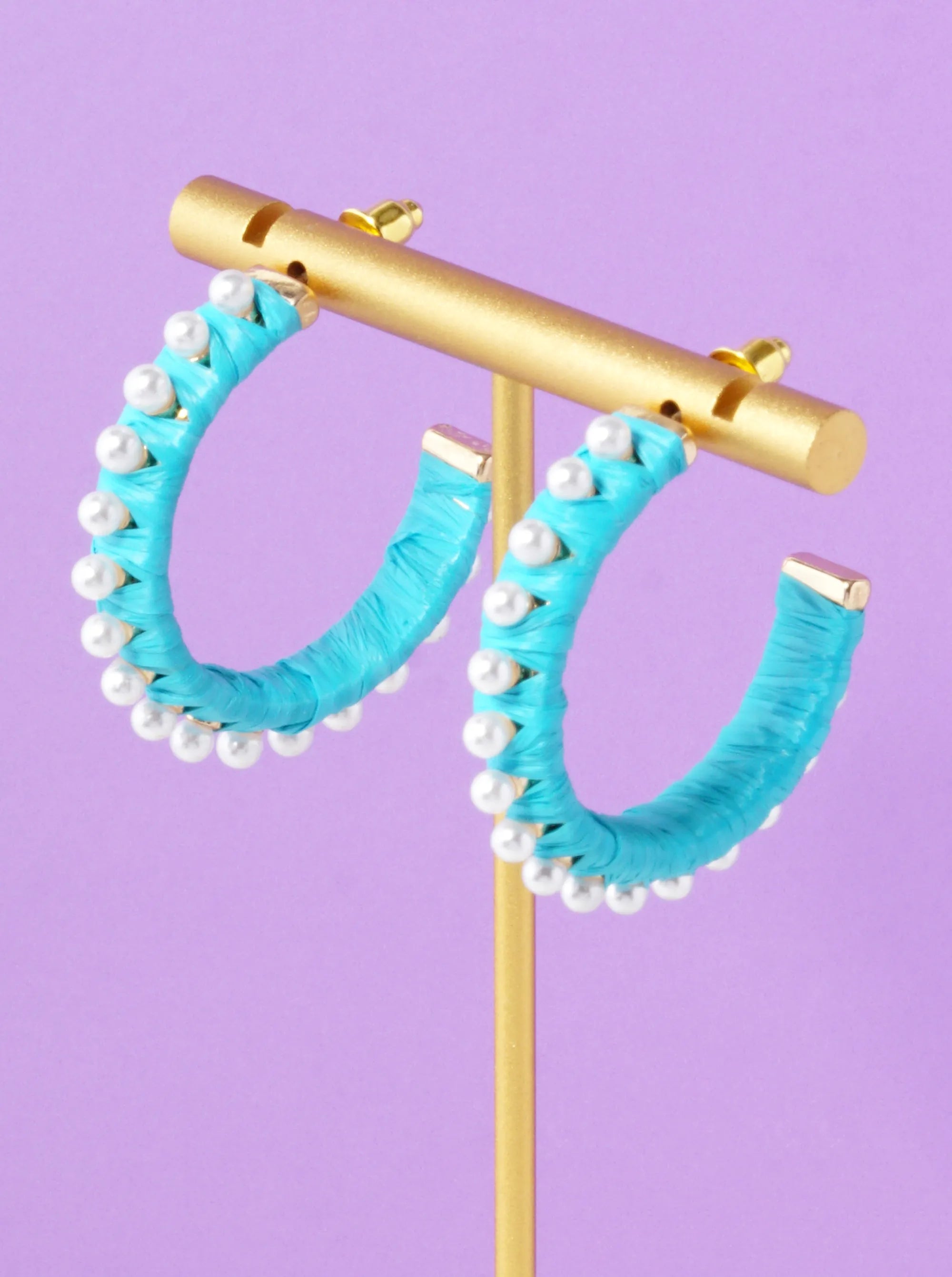 Pearl Beaded 30mm Raffia Wrapped Open Hoop Earrings