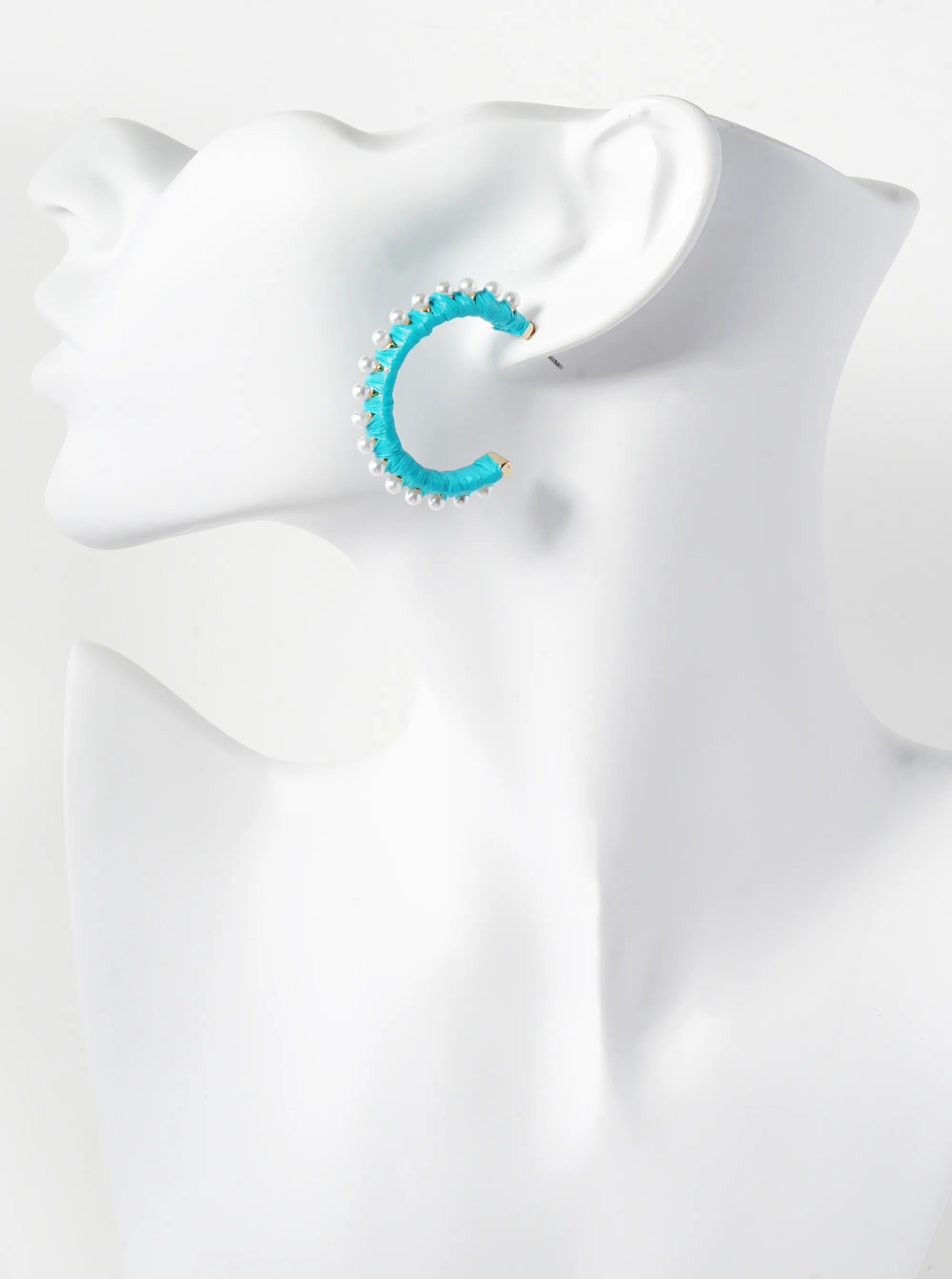 Pearl Beaded 30mm Raffia Wrapped Open Hoop Earrings
