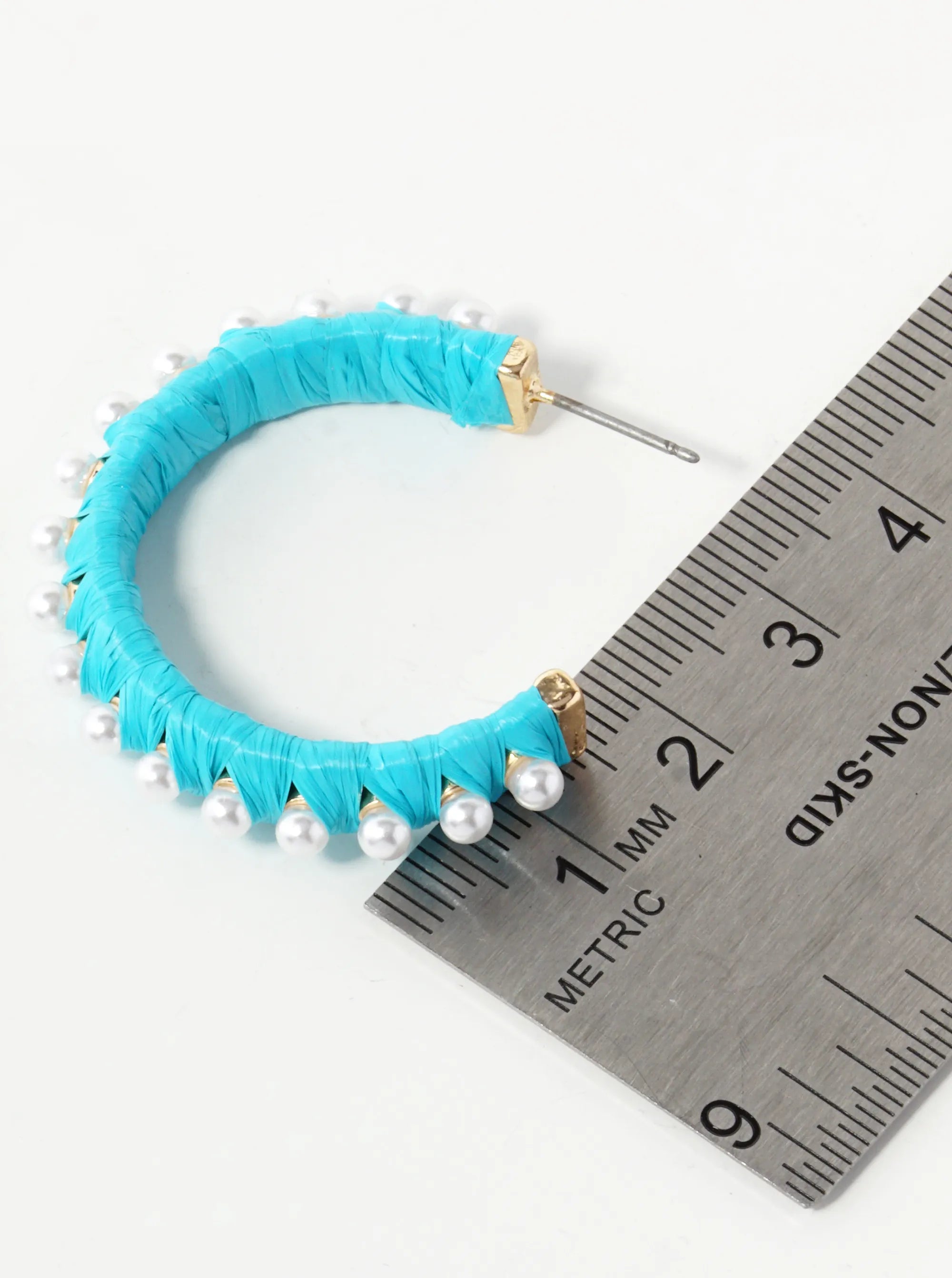 Pearl Beaded 30mm Raffia Wrapped Open Hoop Earrings