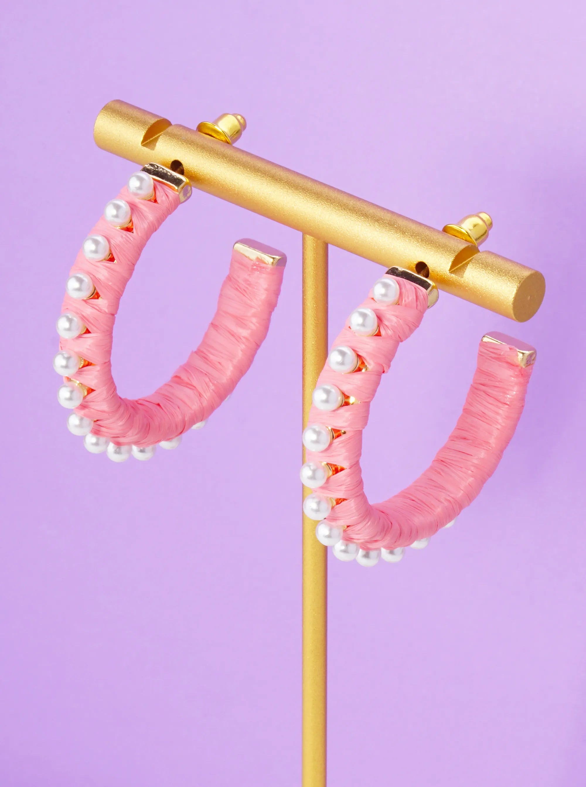 Pearl Beaded 30mm Raffia Wrapped Open Hoop Earrings