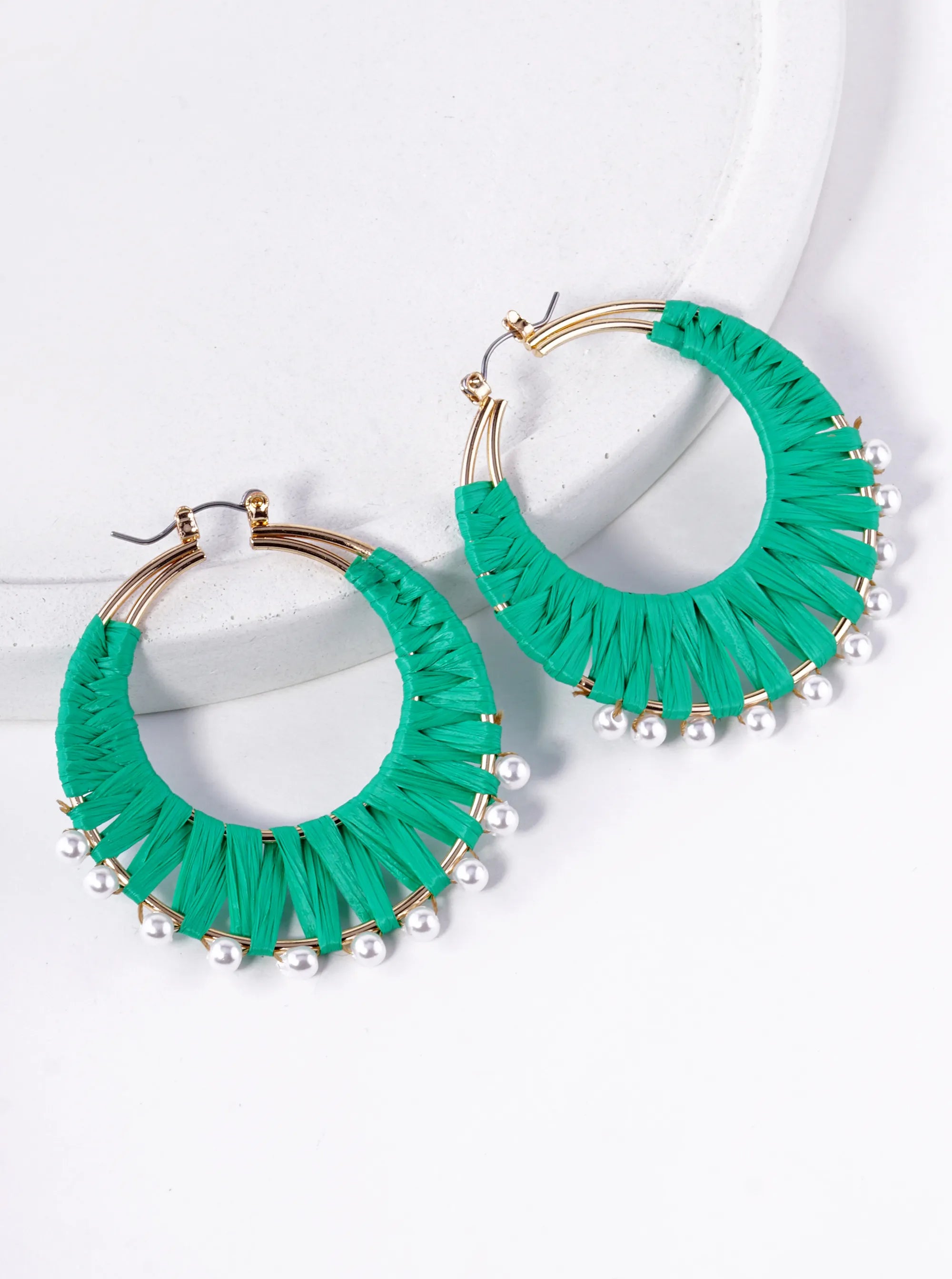 Pearl Beaded 50mm Raffia Hoop Earrings