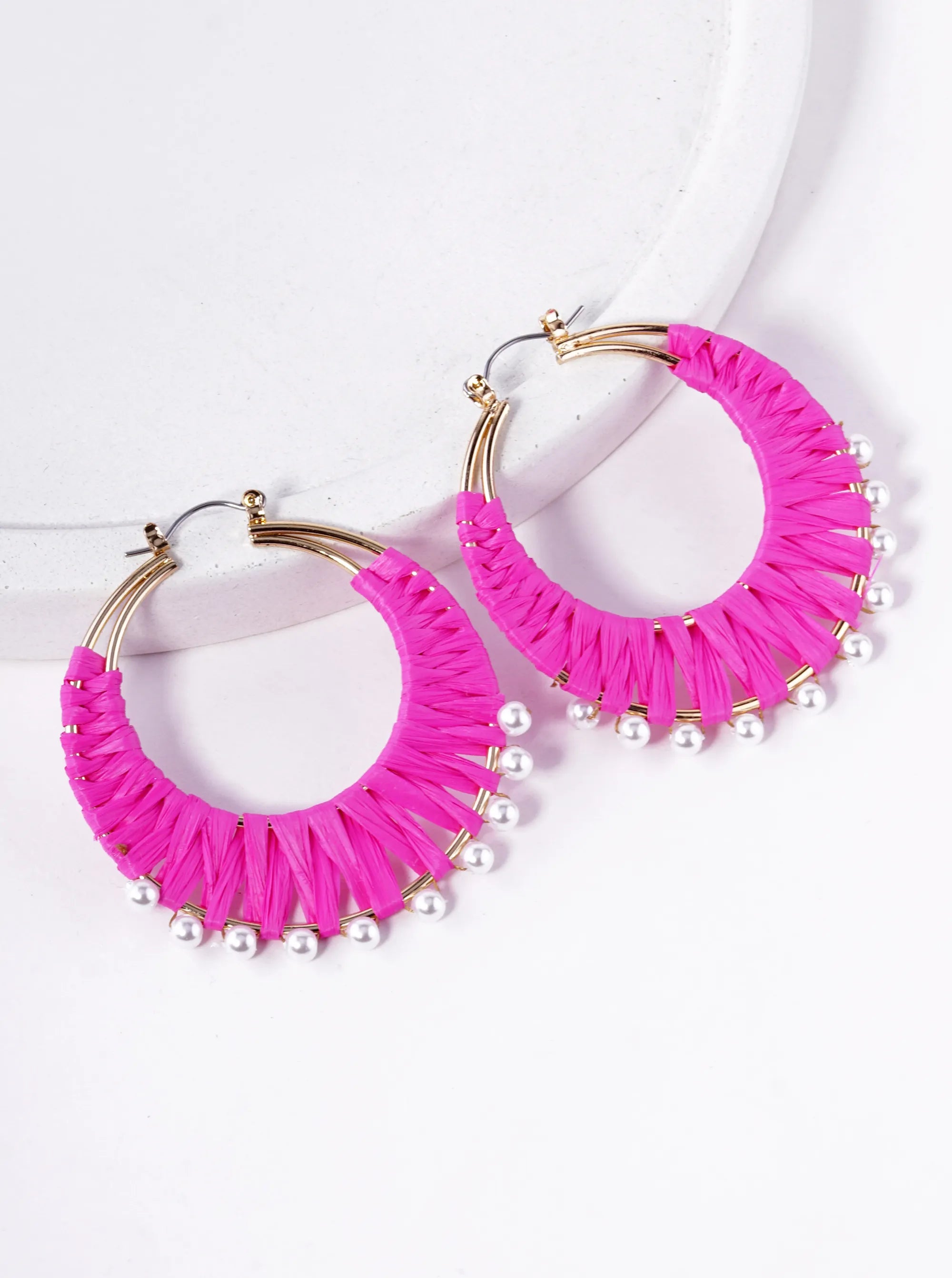 Pearl Beaded 50mm Raffia Hoop Earrings