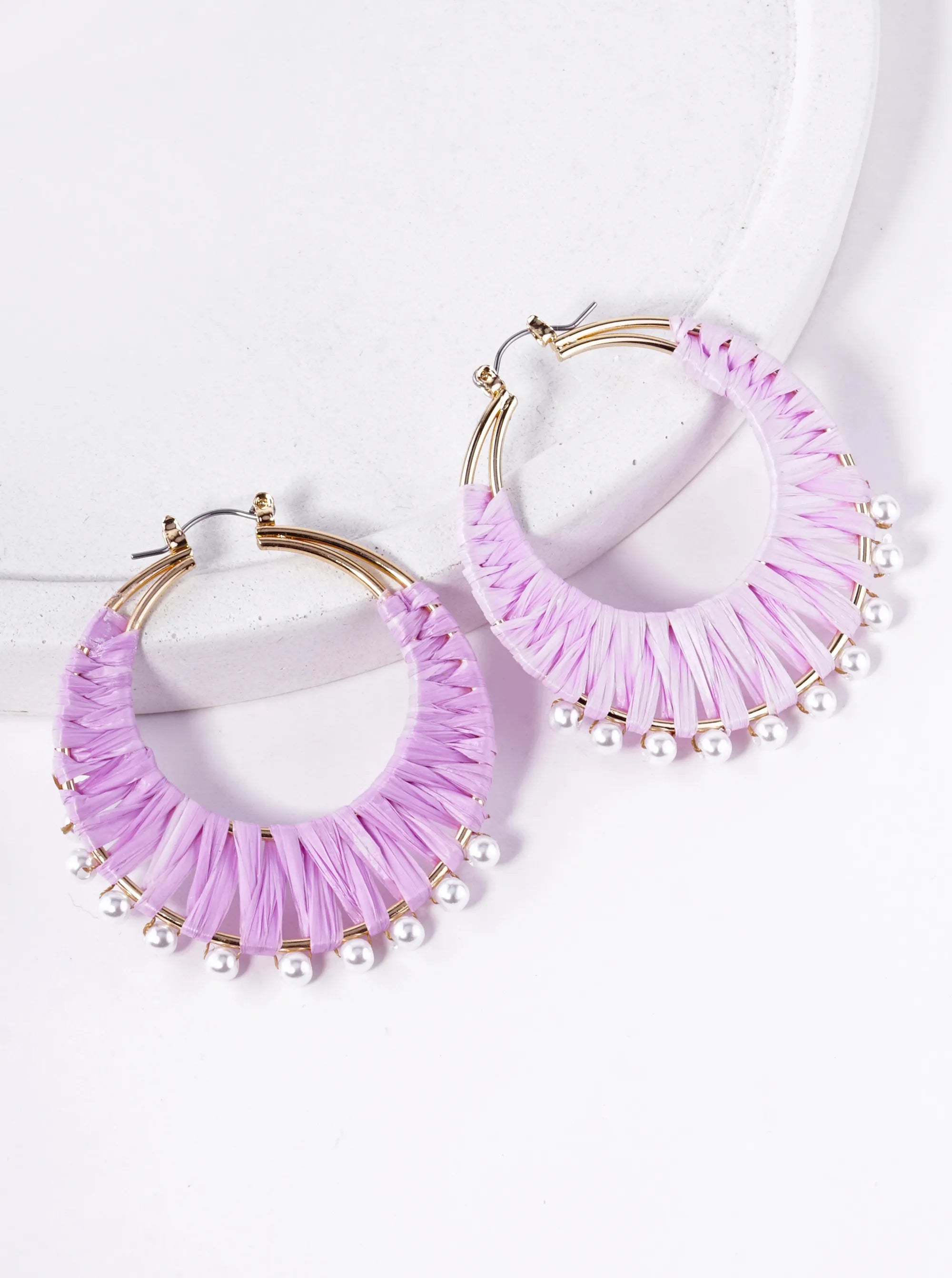 Pearl Beaded 50mm Raffia Hoop Earrings