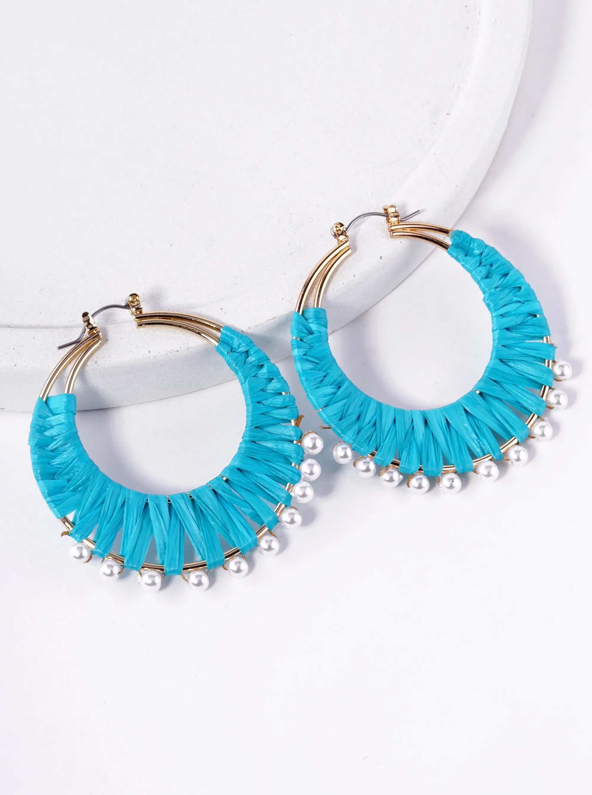 Pearl Beaded 50mm Raffia Hoop Earrings
