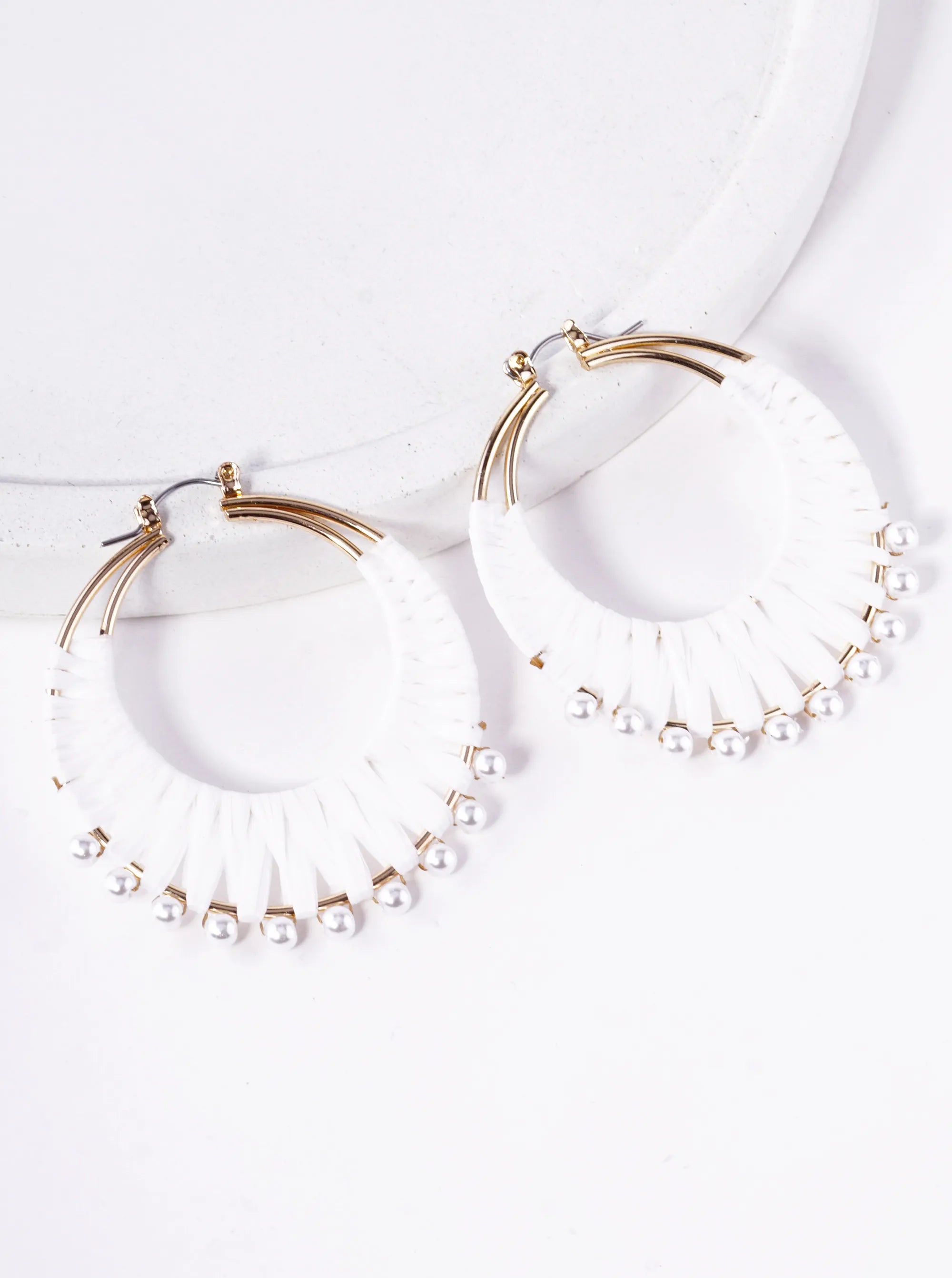 Pearl Beaded 50mm Raffia Hoop Earrings