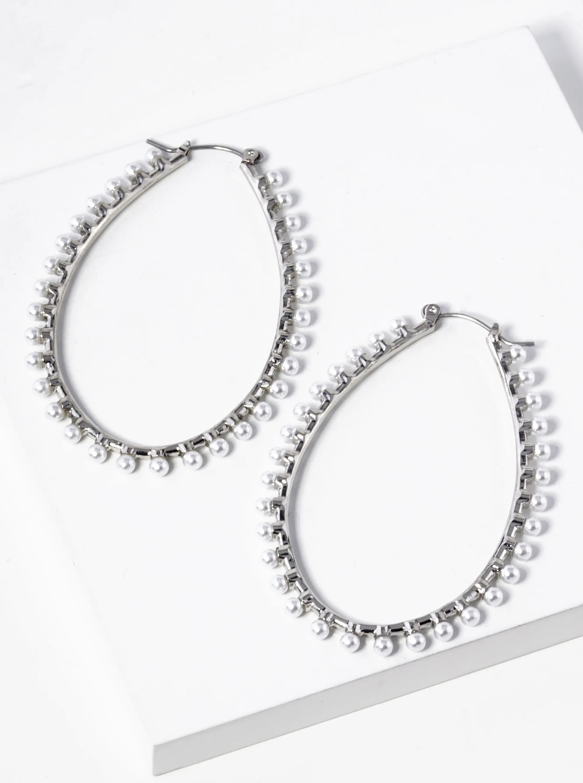Pearl Beaded Oval Shape 60mm Hoop Earrings