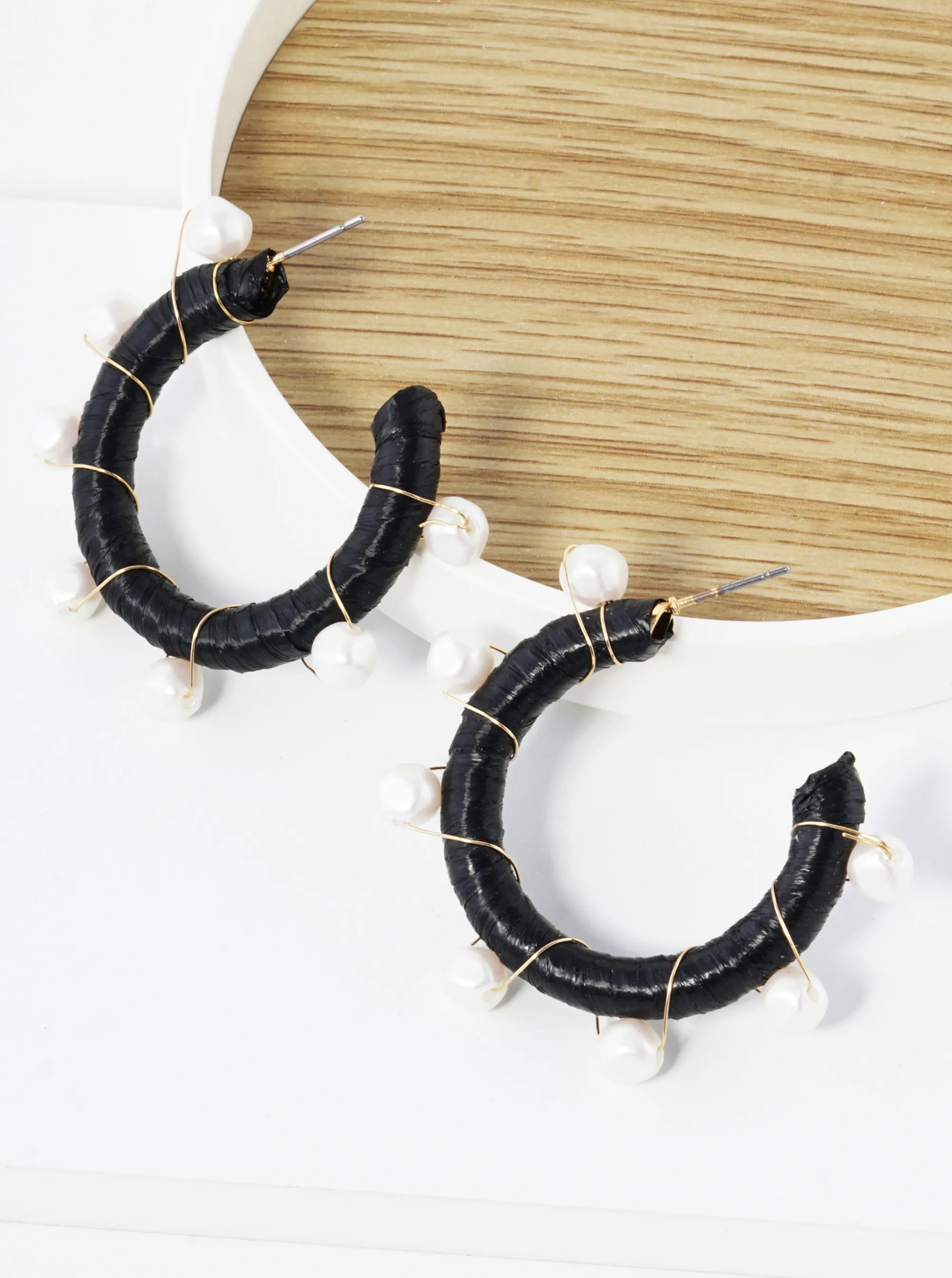 Pearl Beads Wired Raffia Wrapped 30mm Open Hoop Earrings