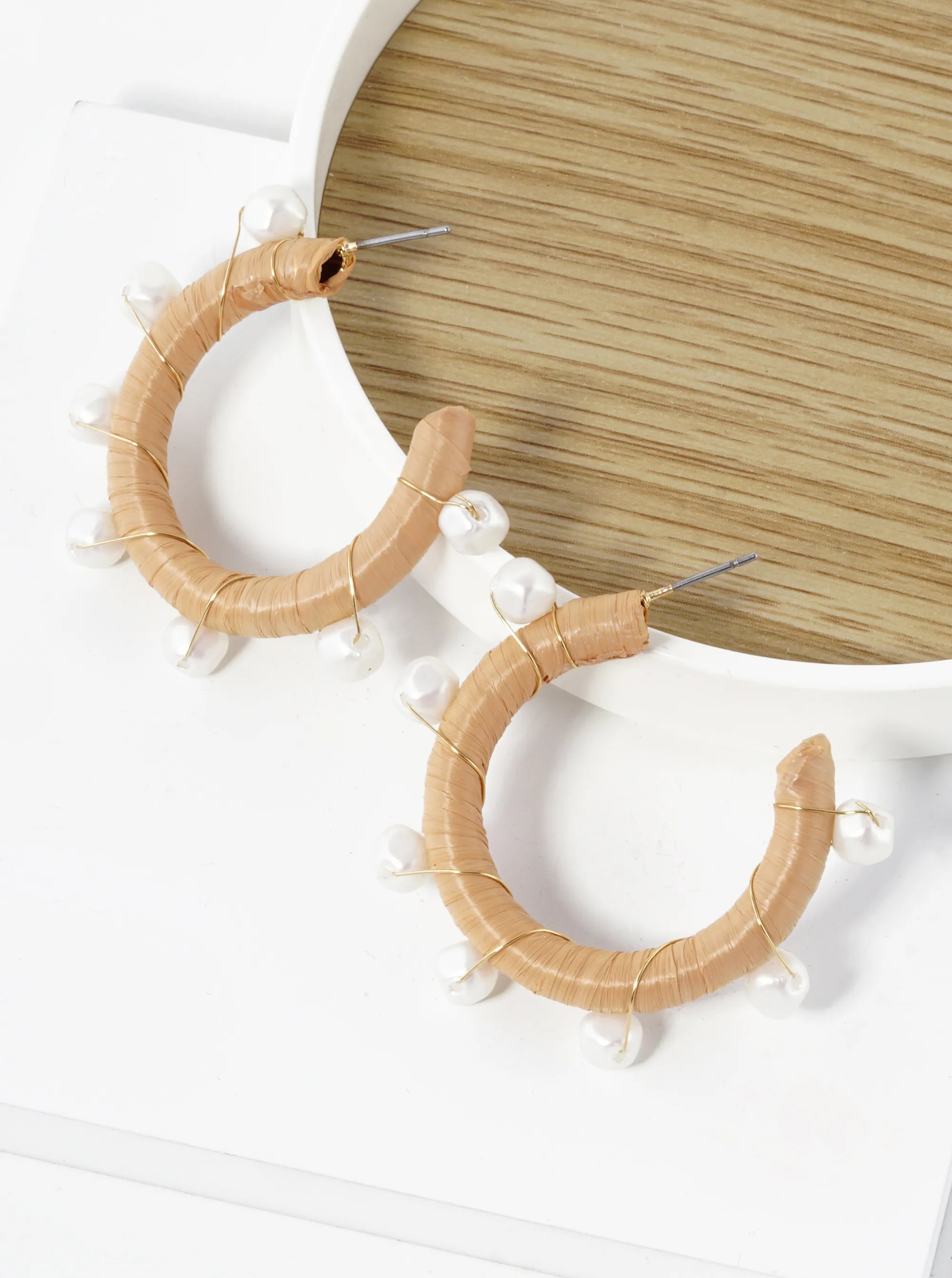 Pearl Beads Wired Raffia Wrapped 30mm Open Hoop Earrings