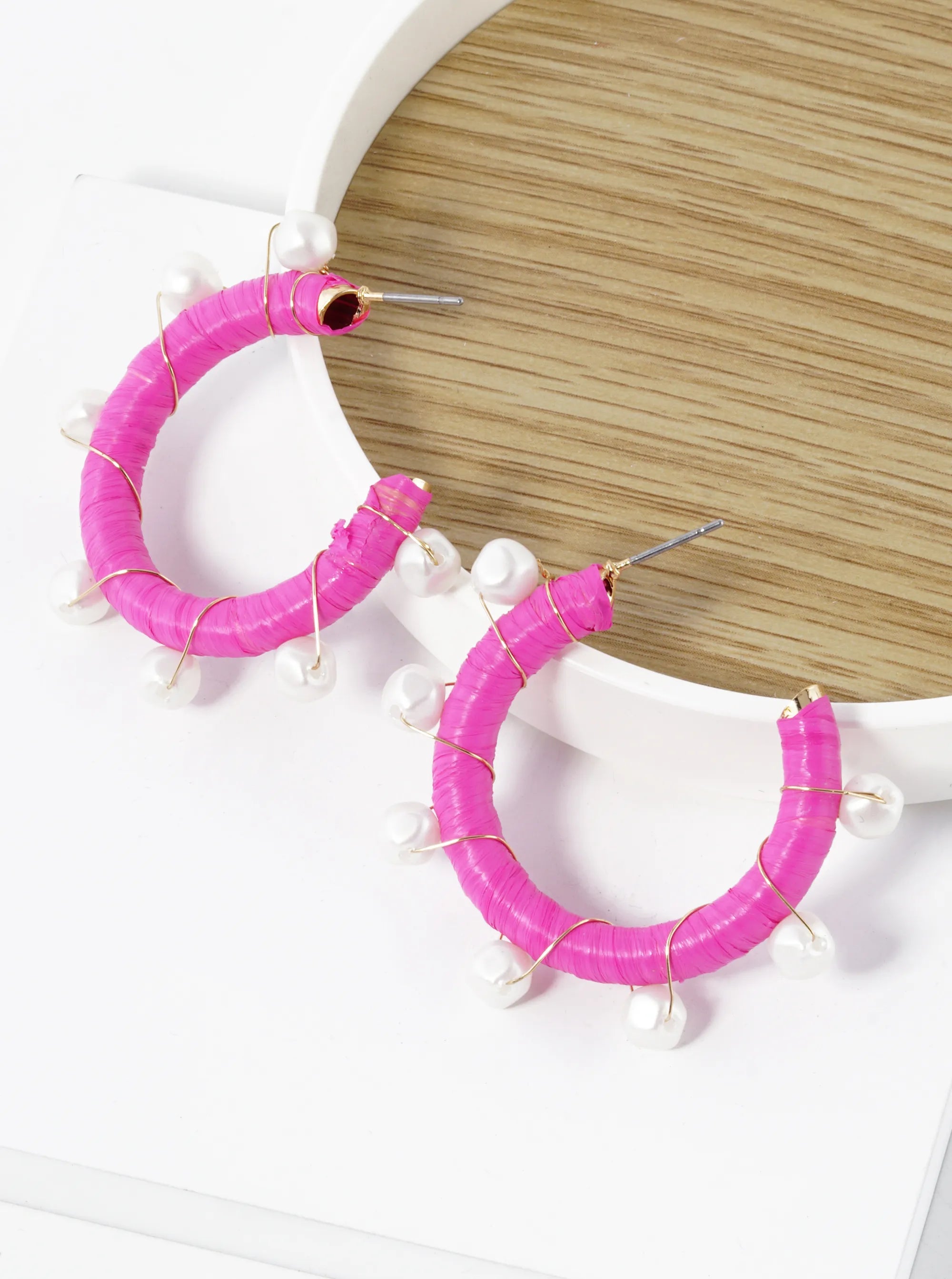 Pearl Beads Wired Raffia Wrapped 30mm Open Hoop Earrings