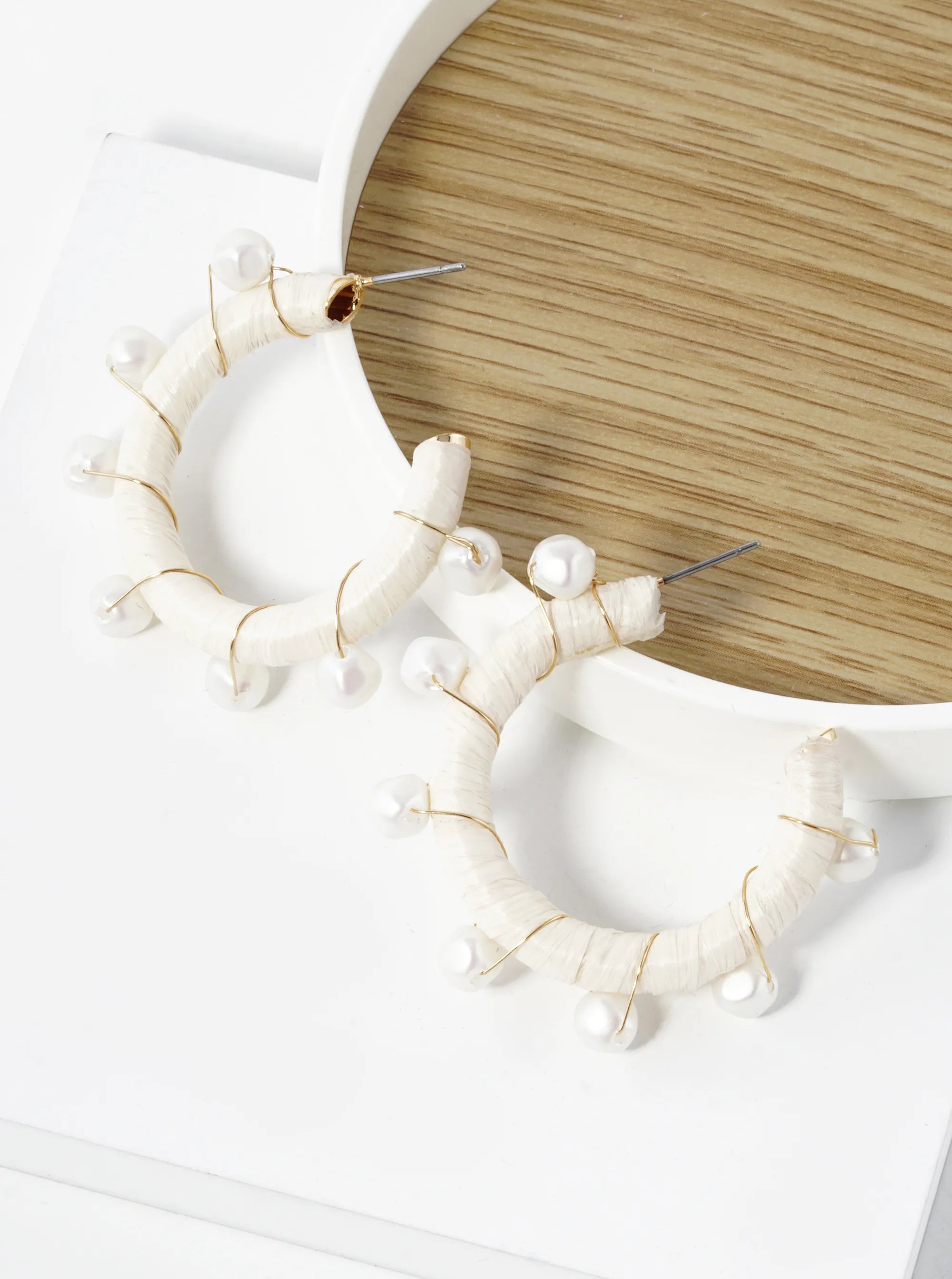 Pearl Beads Wired Raffia Wrapped 30mm Open Hoop Earrings