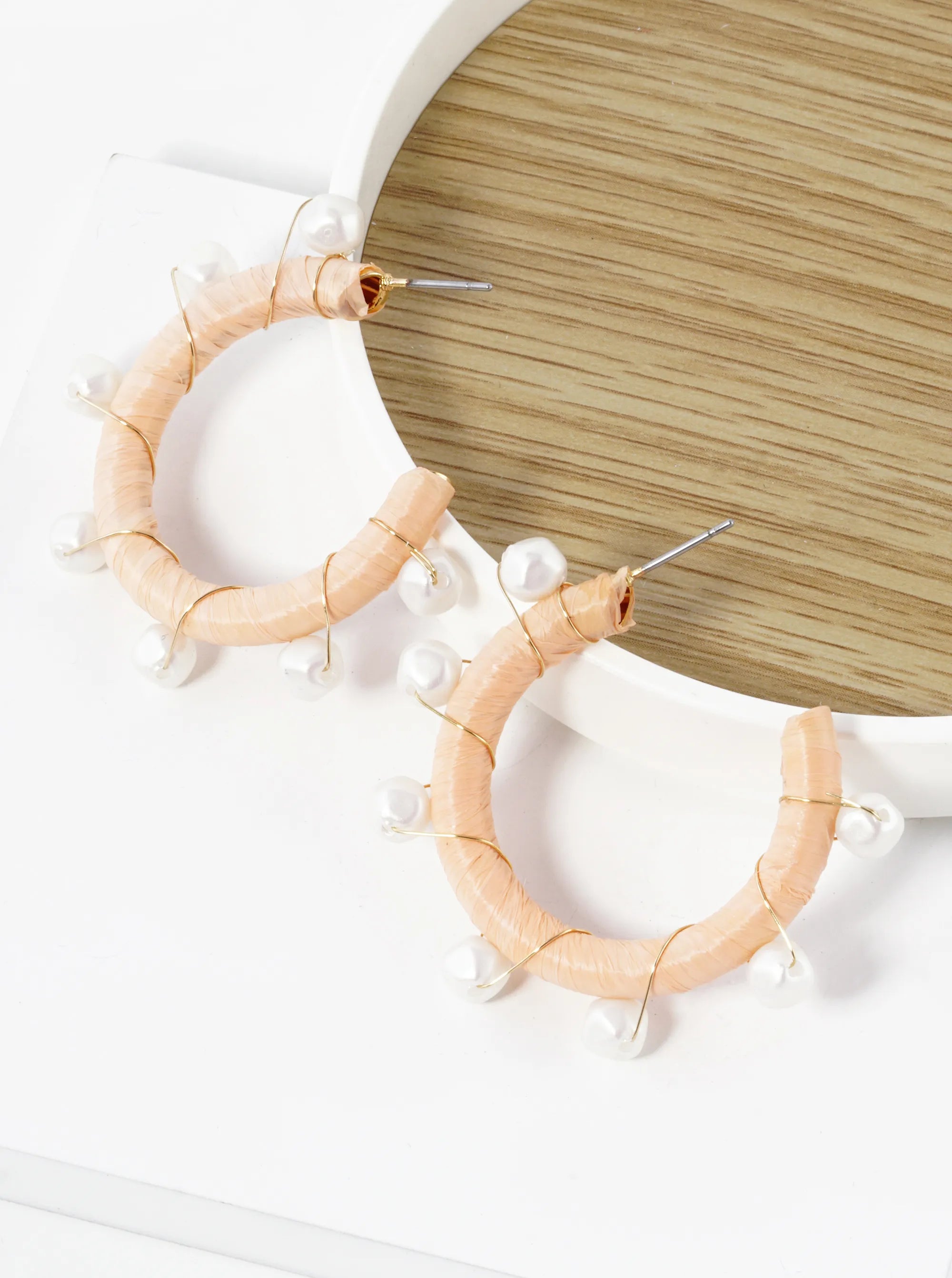 Pearl Beads Wired Raffia Wrapped 30mm Open Hoop Earrings