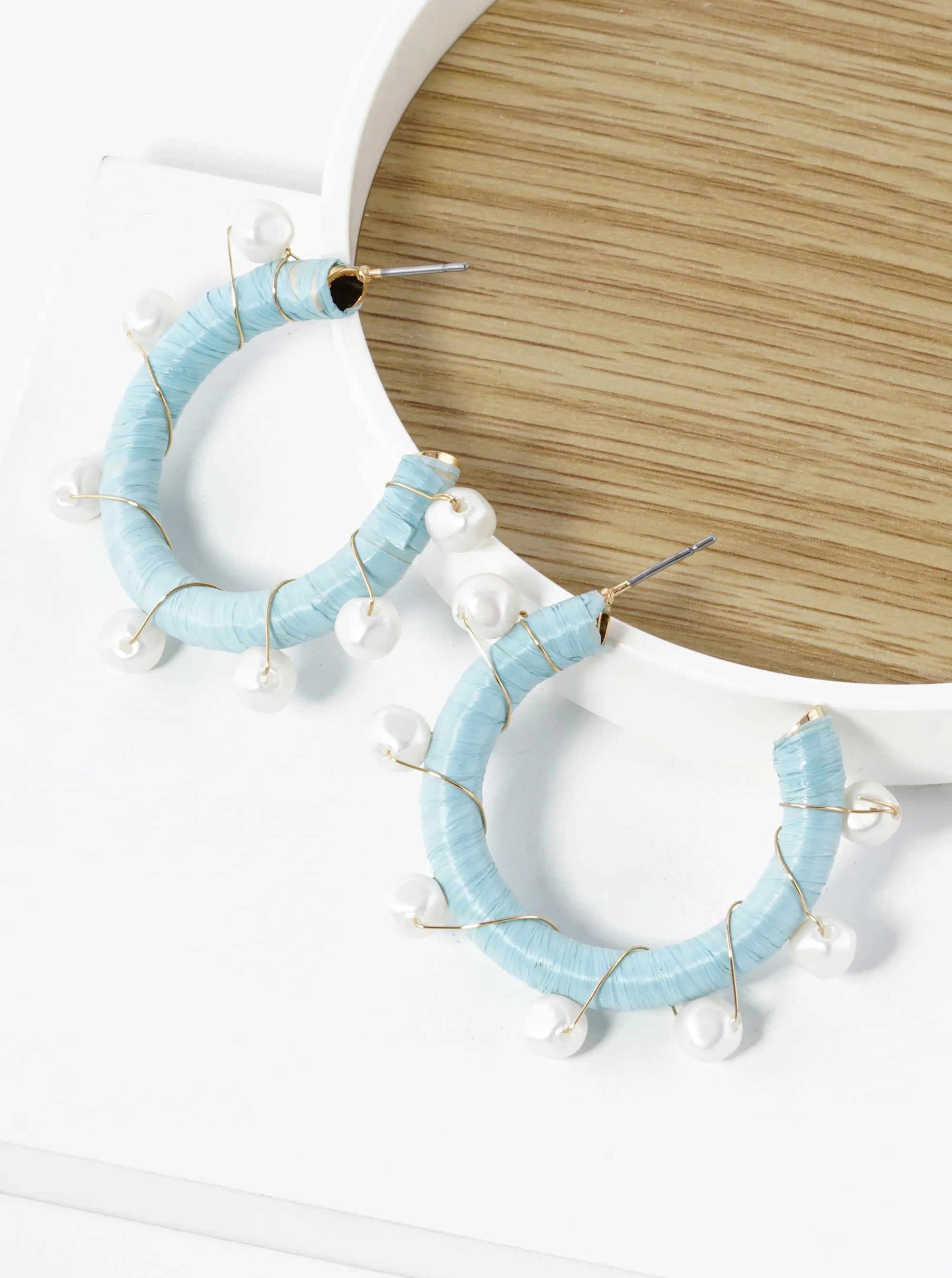 Pearl Beads Wired Raffia Wrapped 30mm Open Hoop Earrings