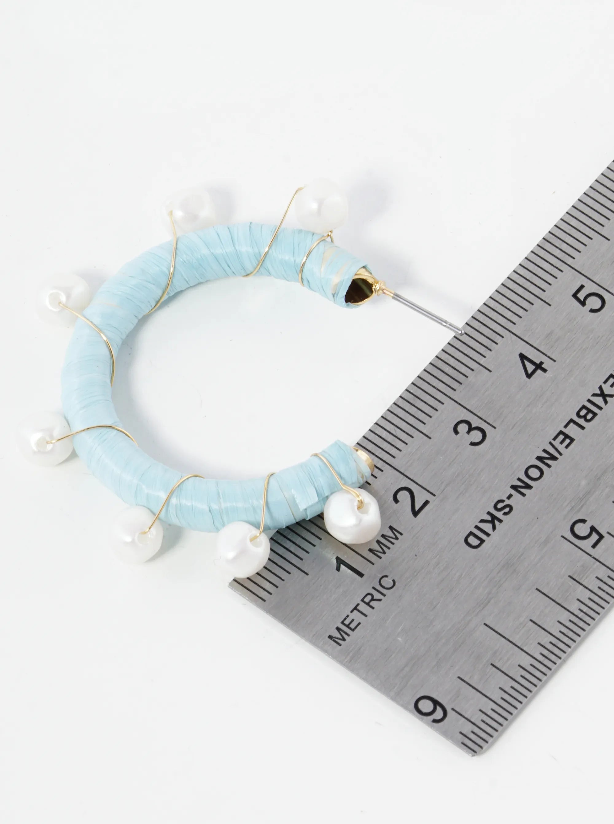 Pearl Beads Wired Raffia Wrapped 30mm Open Hoop Earrings