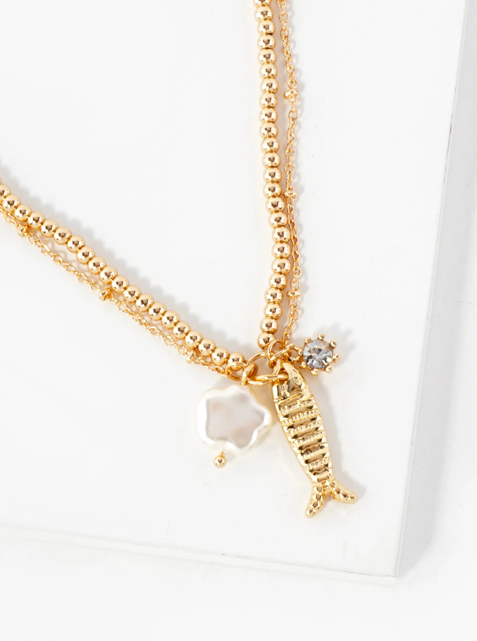 Pearl Fish Rhinestone Pendant Metallic-Beaded Sea-Life Layered 17-Inch Necklace