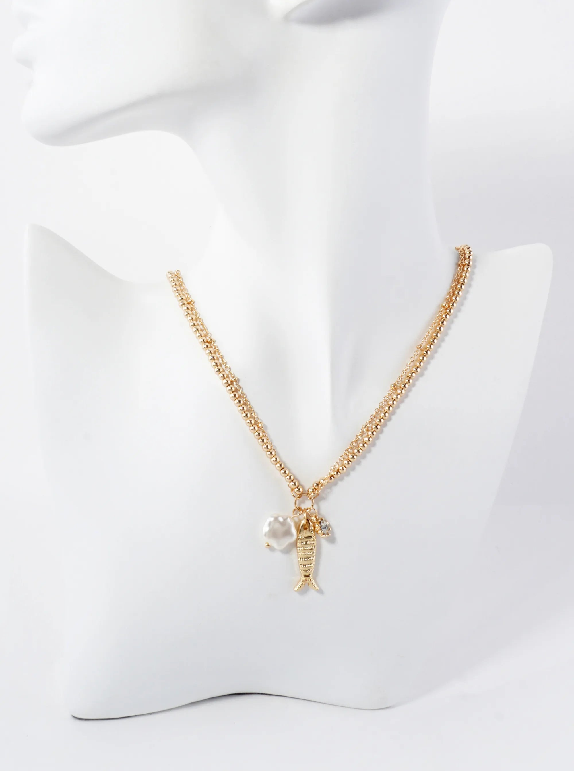 Pearl Fish Rhinestone Pendant Metallic-Beaded Sea-Life Layered 17-Inch Necklace