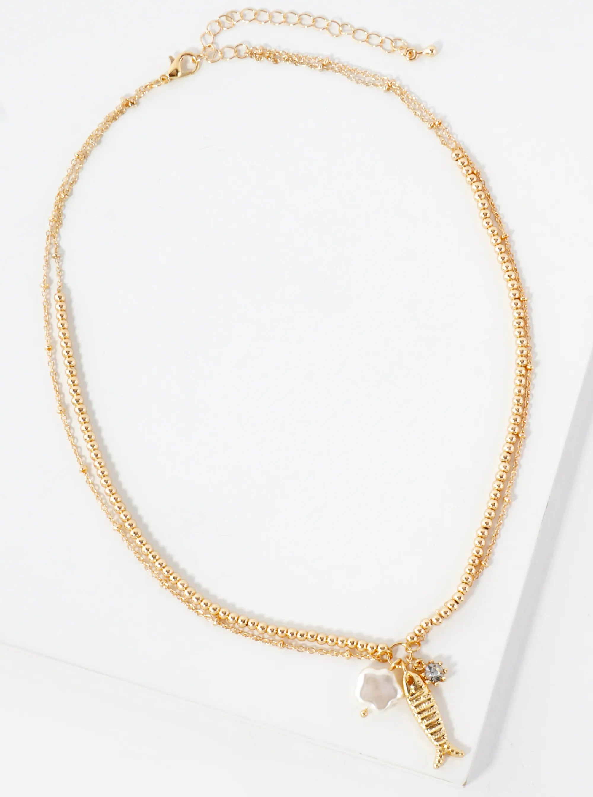 Pearl Fish Rhinestone Pendant Metallic-Beaded Sea-Life Layered 17-Inch Necklace