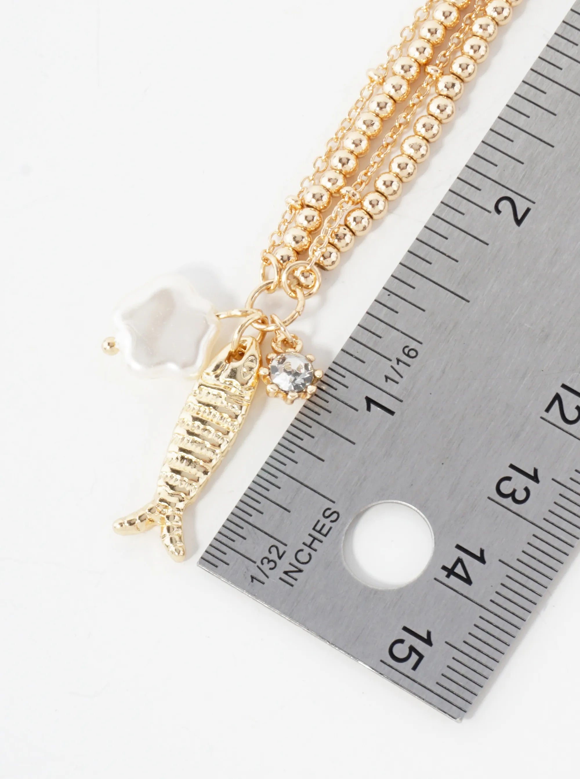 Pearl Fish Rhinestone Pendant Metallic-Beaded Sea-Life Layered 17-Inch Necklace