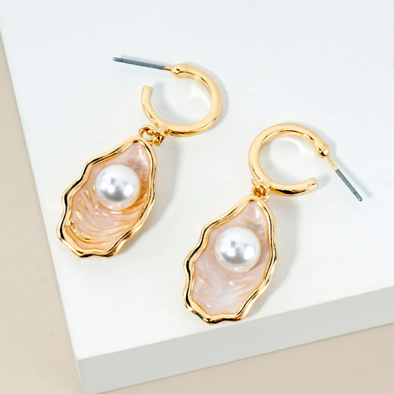 Pearl Oyster Charm Drop 10mm Huggie Hoop Earrings
