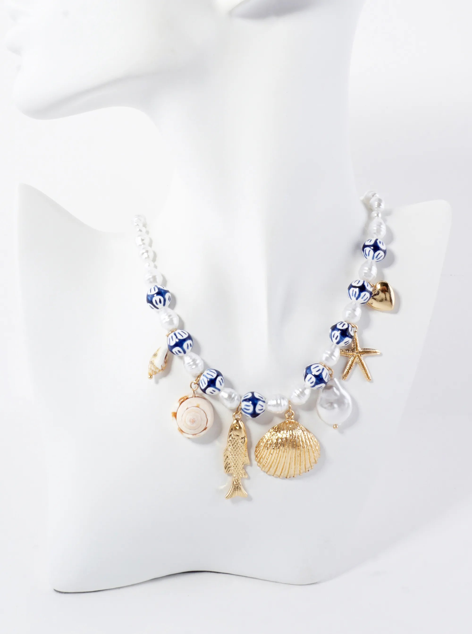 Pearl Porcelain-Beaded Sea-Life Conch Fish Seashell Starfish Heart 16-Inch Charm Necklace