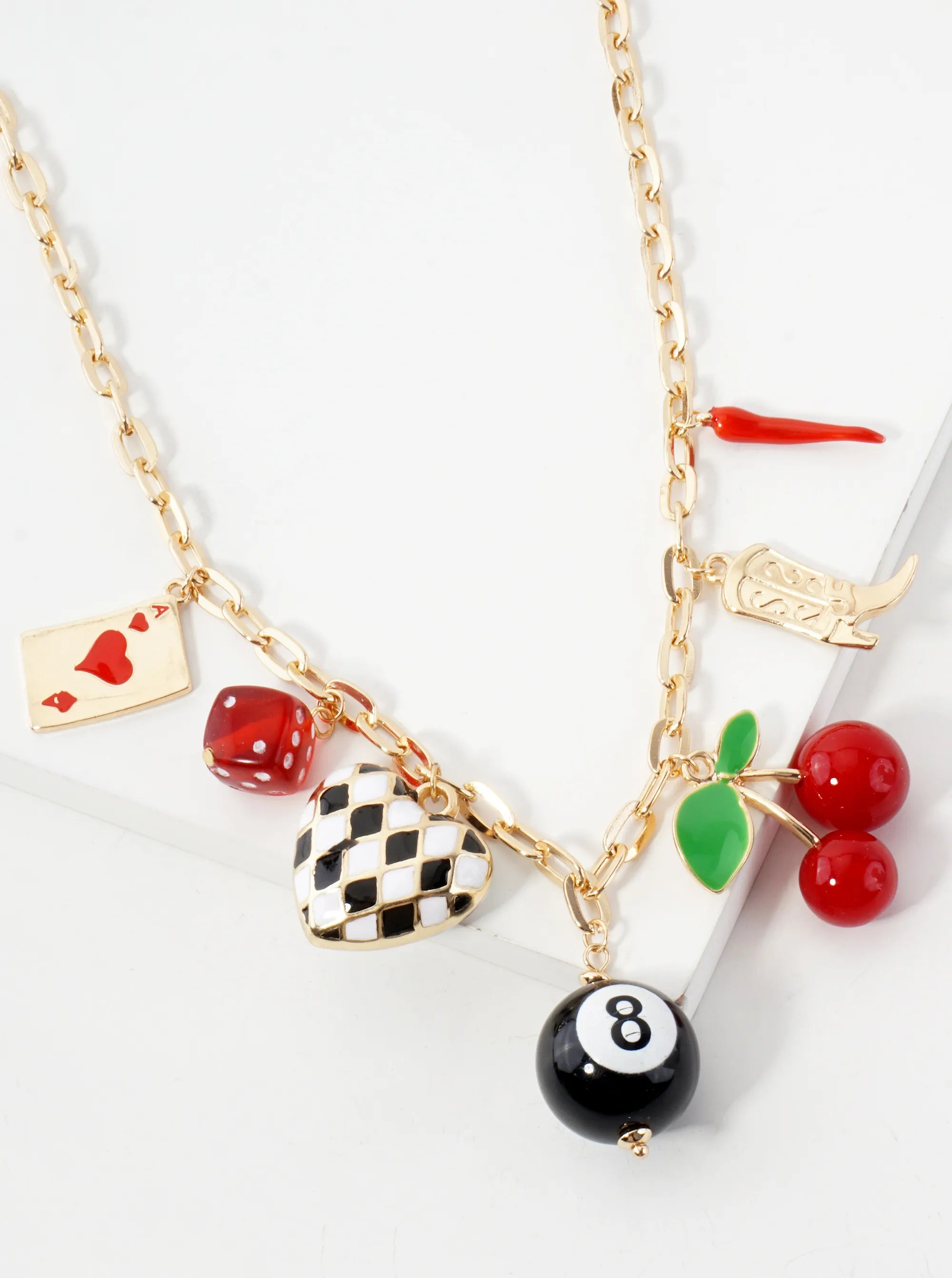 Playing-Card Dice Heart Magic-8-Ball Cherry Cowgirl-Boot Pepper 16-Inch Charm Necklace
