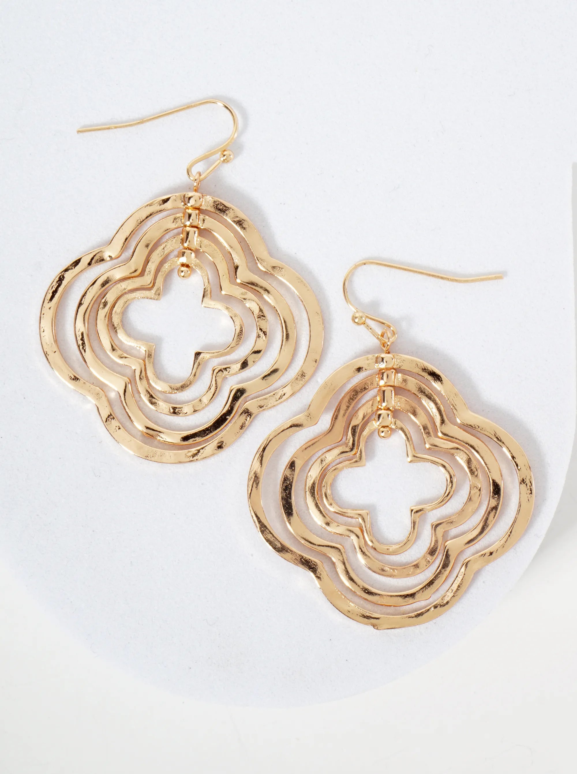 Polished Metal Layered Quatrefoils Drop Dangle Earrings