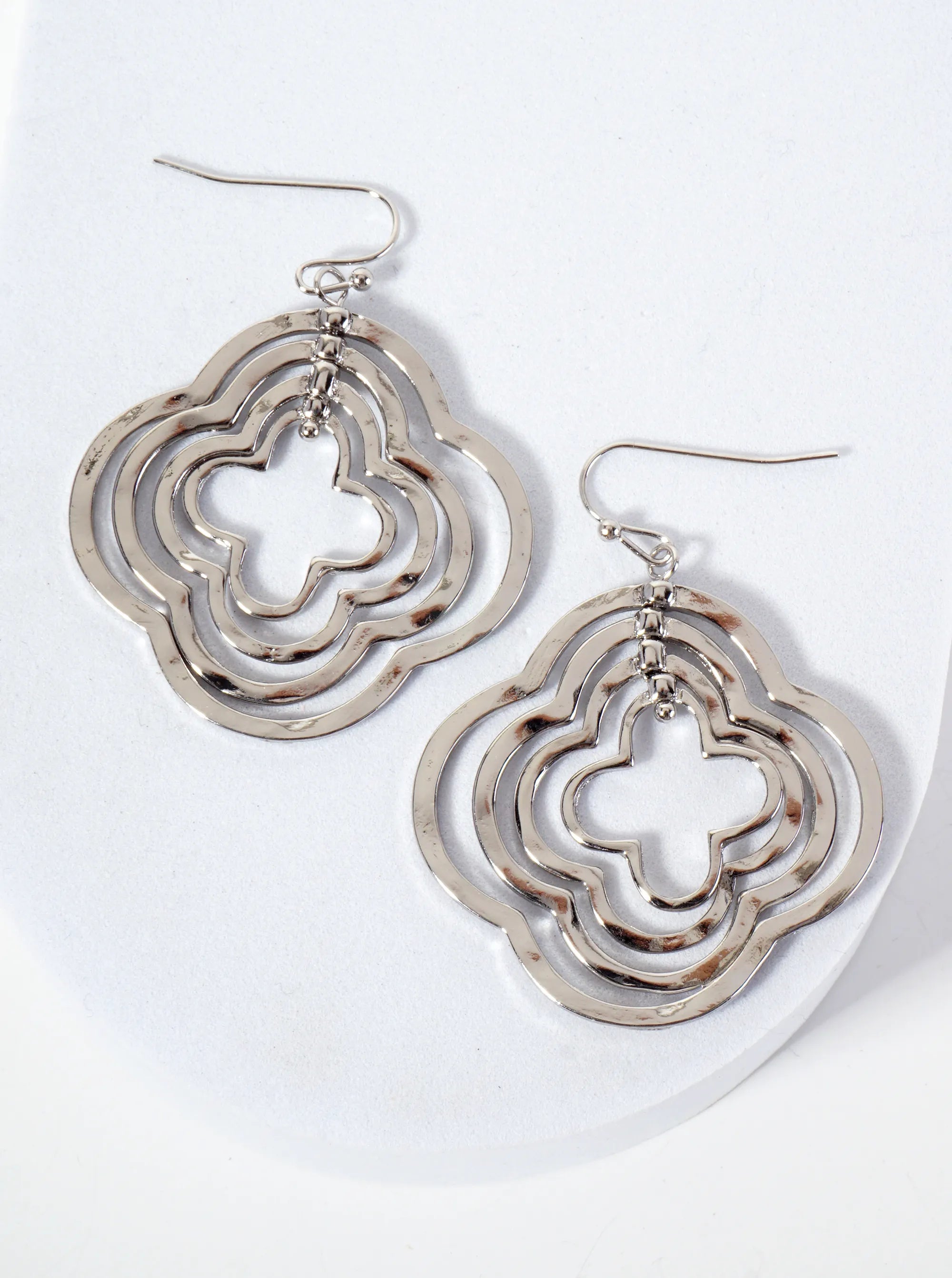 Polished Metal Layered Quatrefoils Drop Dangle Earrings