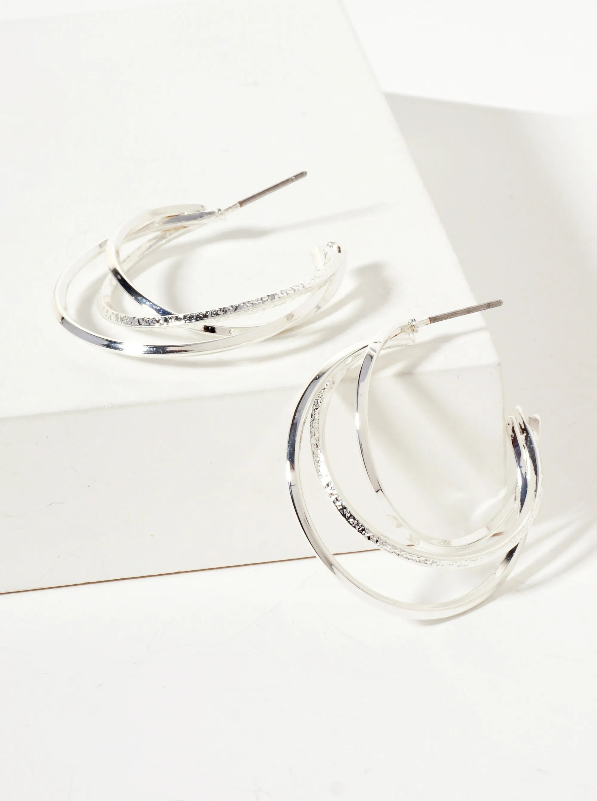 Polished Metal Textured 30mm Layered Open Hoop Earrings