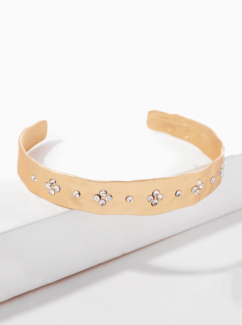 Quatrefoil Crystal Pave Hammered Metal Cuff Bracelet