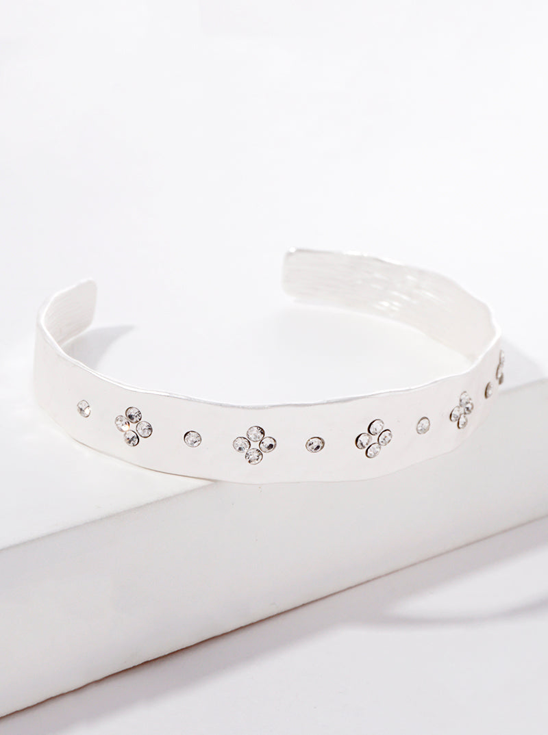 Quatrefoil Crystal Pave Hammered Metal Cuff Bracelet