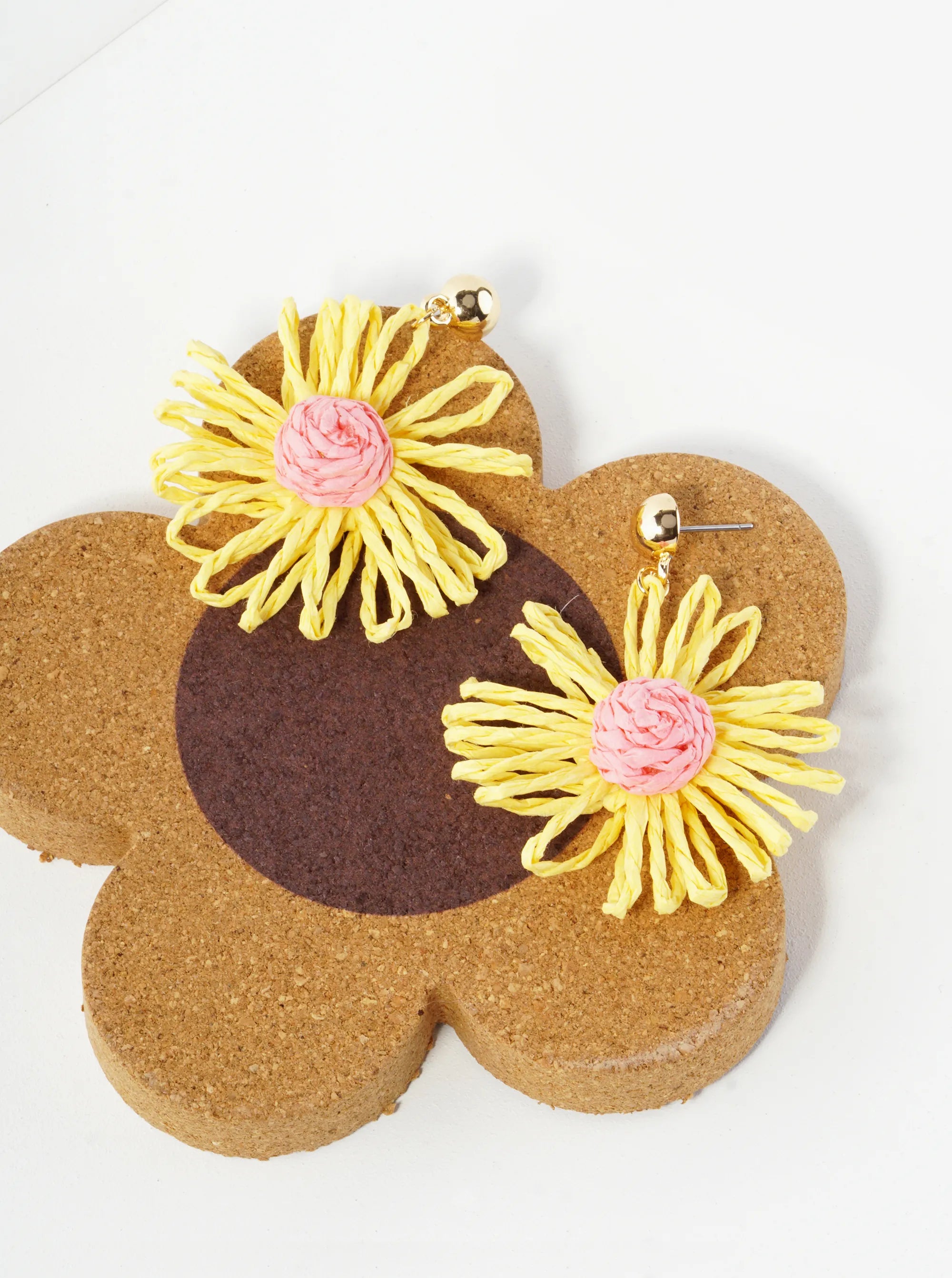 Raffia Flower Drop Lightweight Floral Dangle Post Earrings