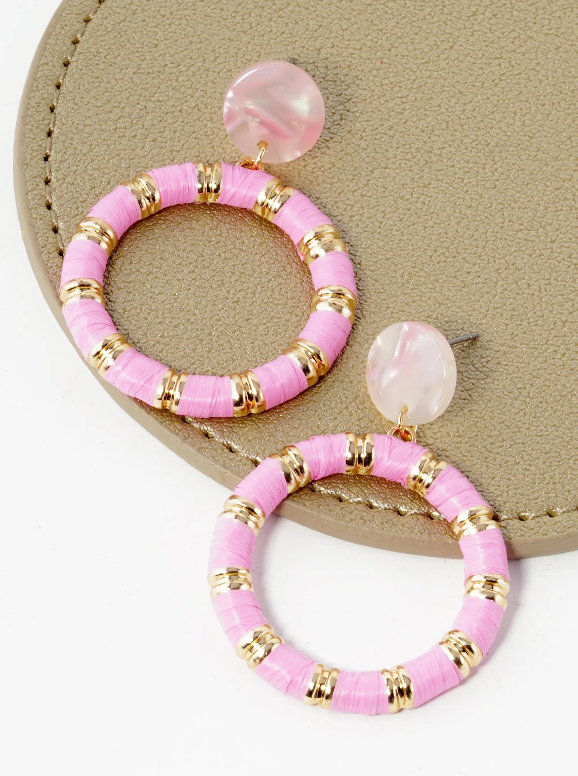 Raffia Wrapped Circle Drop Acetate Post Earrings