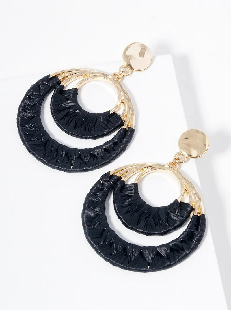 Raffia Wrapped Double Circle Dangle Post Earrings