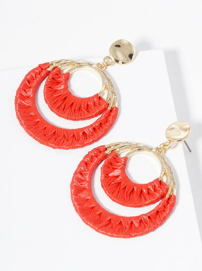 Raffia Wrapped Double Circle Dangle Post Earrings