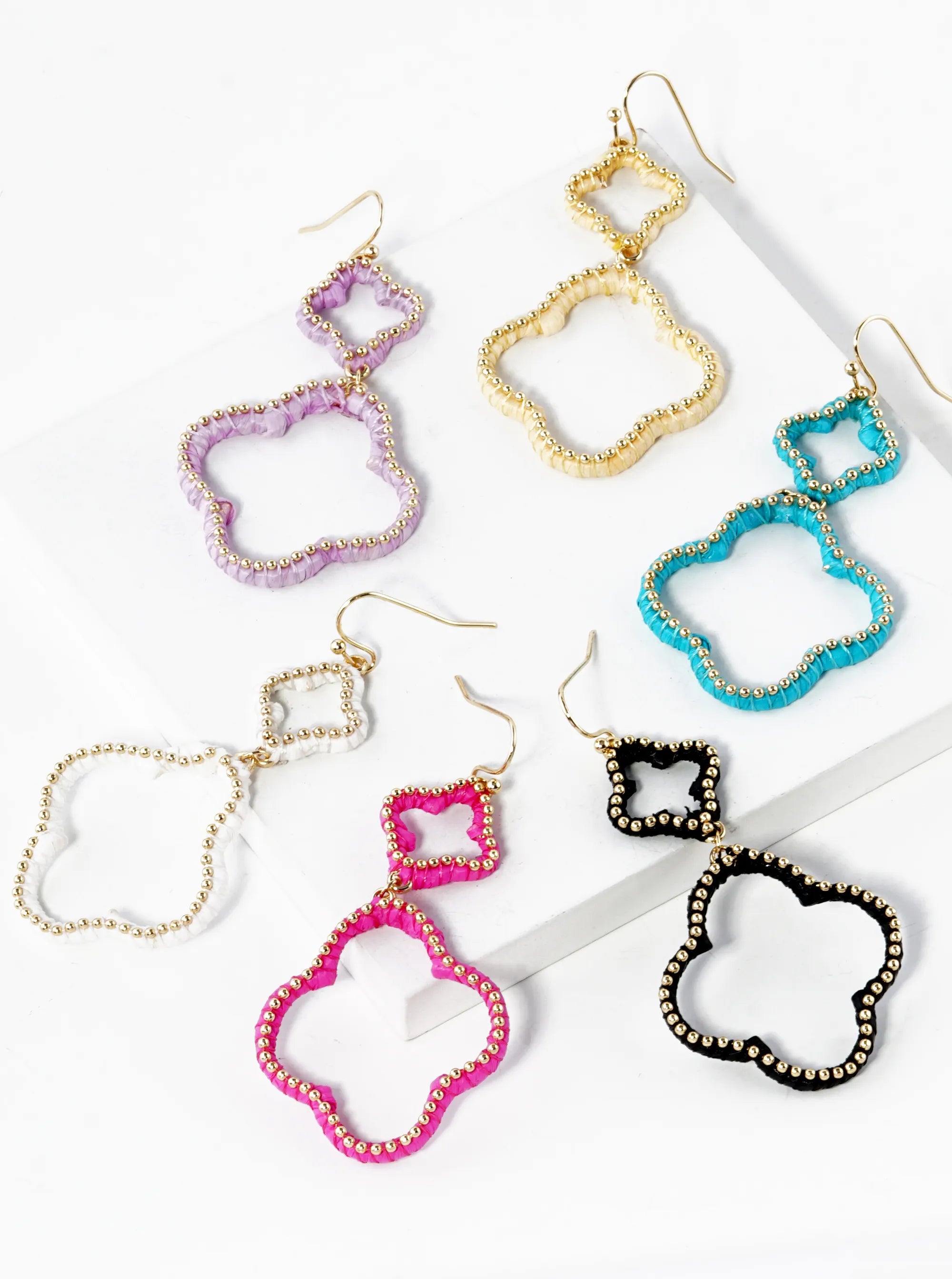 Raffia Wrapped Dual Quatrefoil Drop Earrings