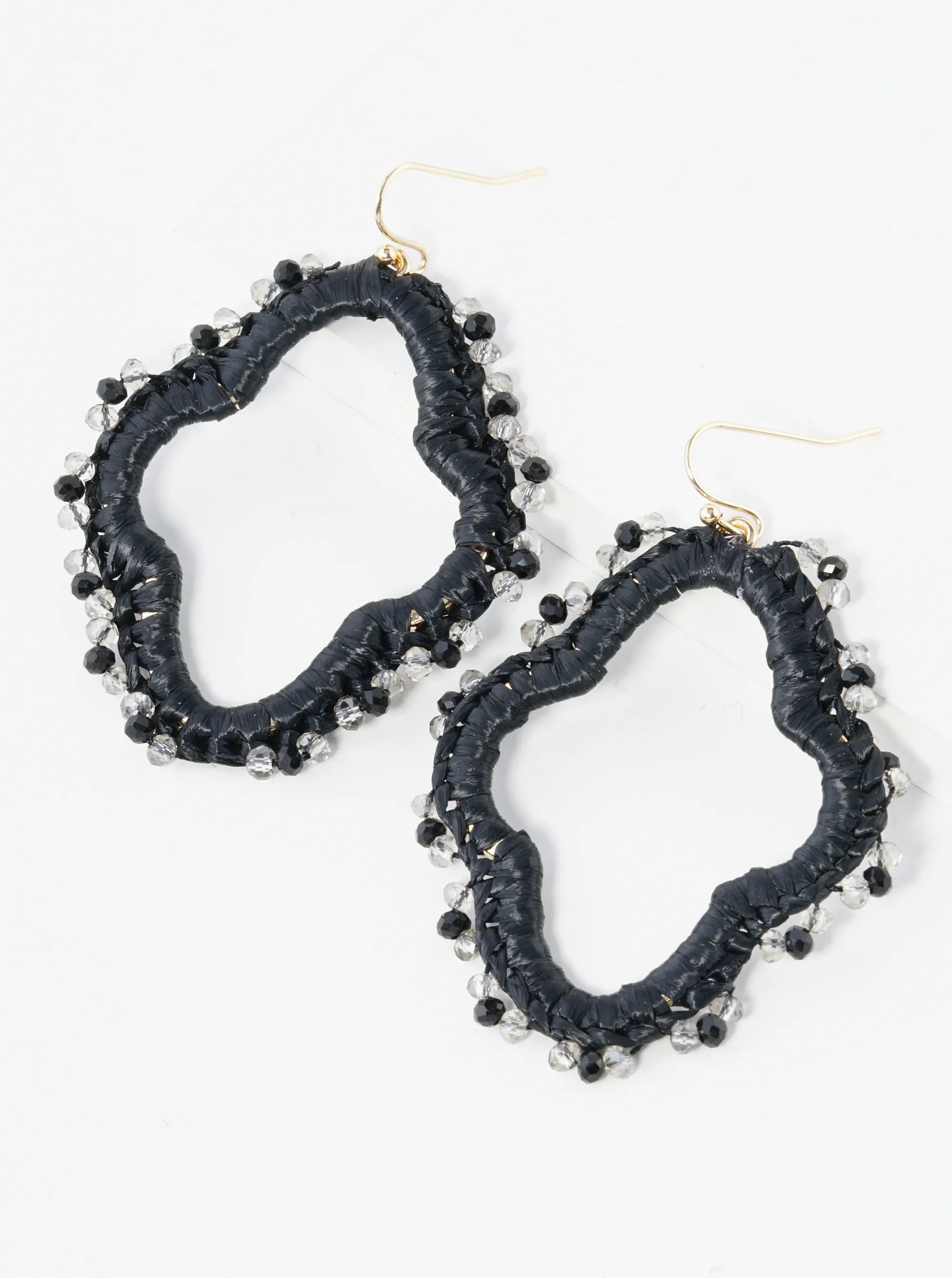 Raffia Wrapped Glass Beaded Quatrefoil Dangle Drop Earrings