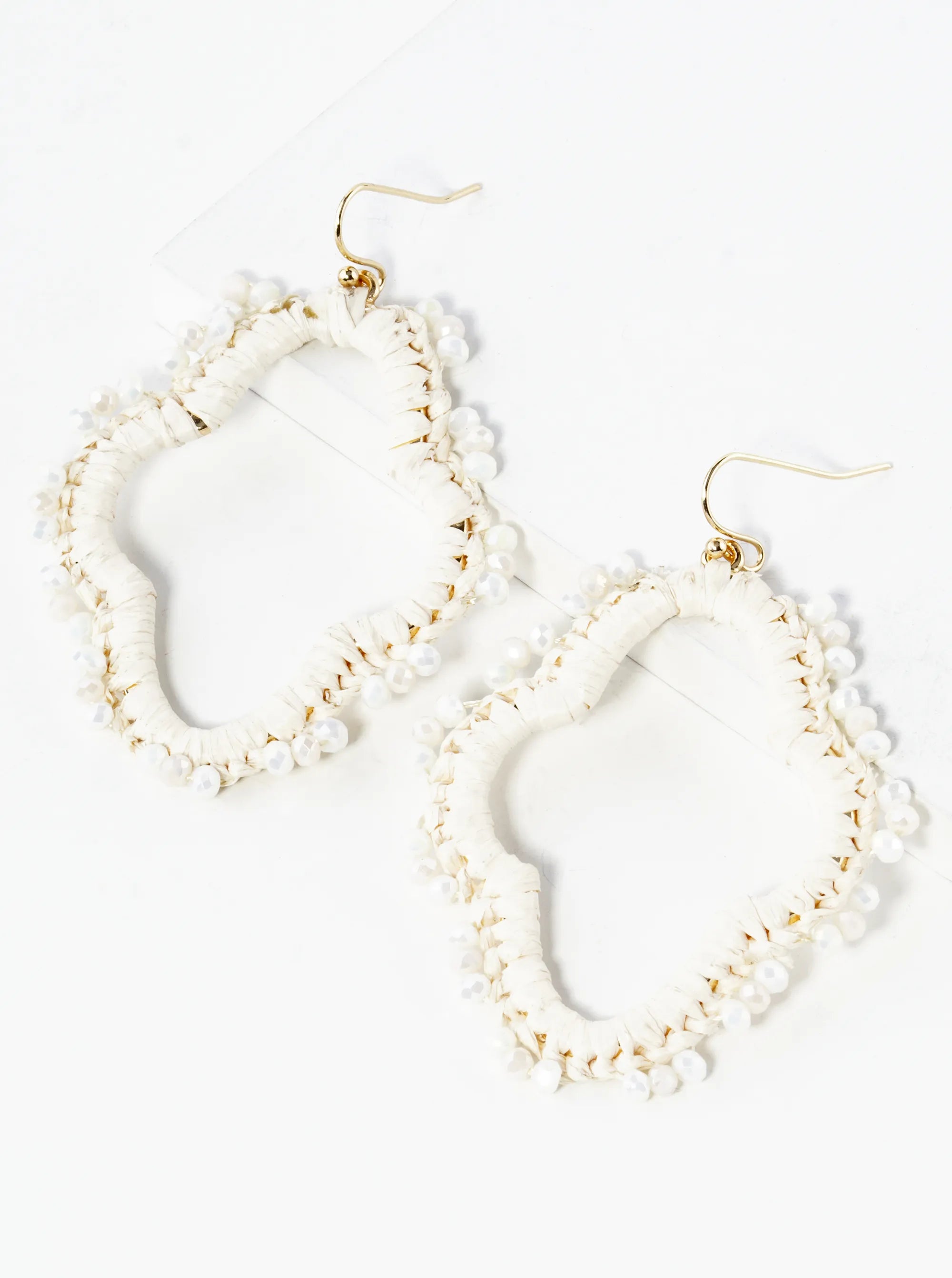 Raffia Wrapped Glass Beaded Quatrefoil Dangle Drop Earrings