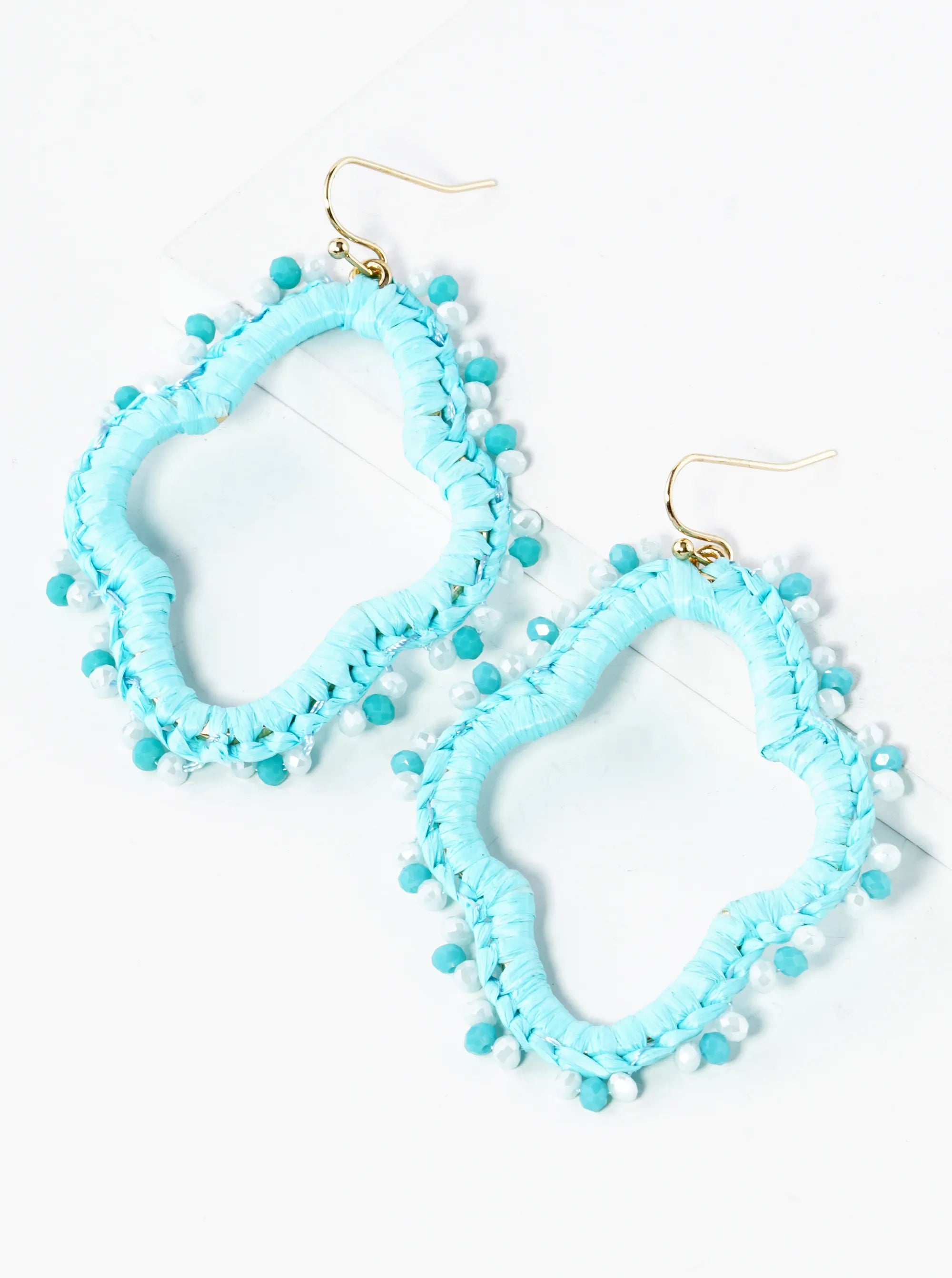 Raffia Wrapped Glass Beaded Quatrefoil Dangle Drop Earrings