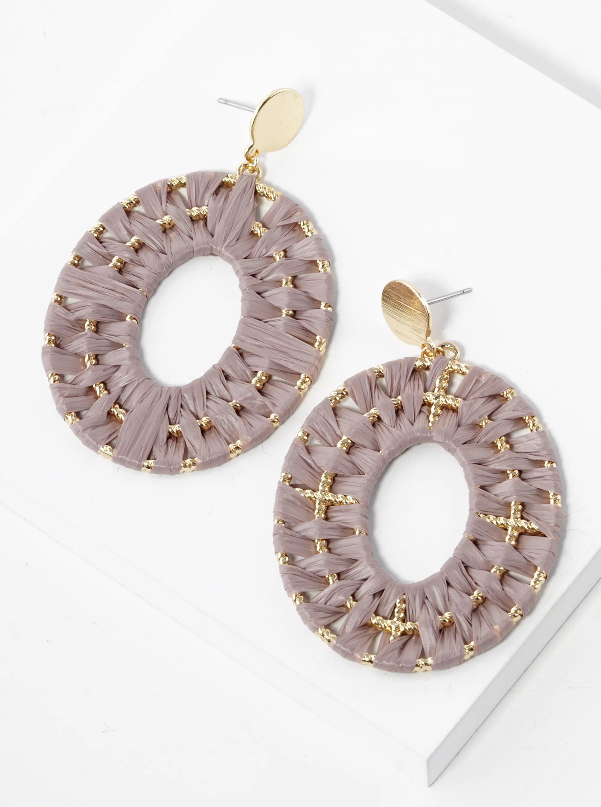Raffia Wrapped Oval Drop Dangle Post Earrings