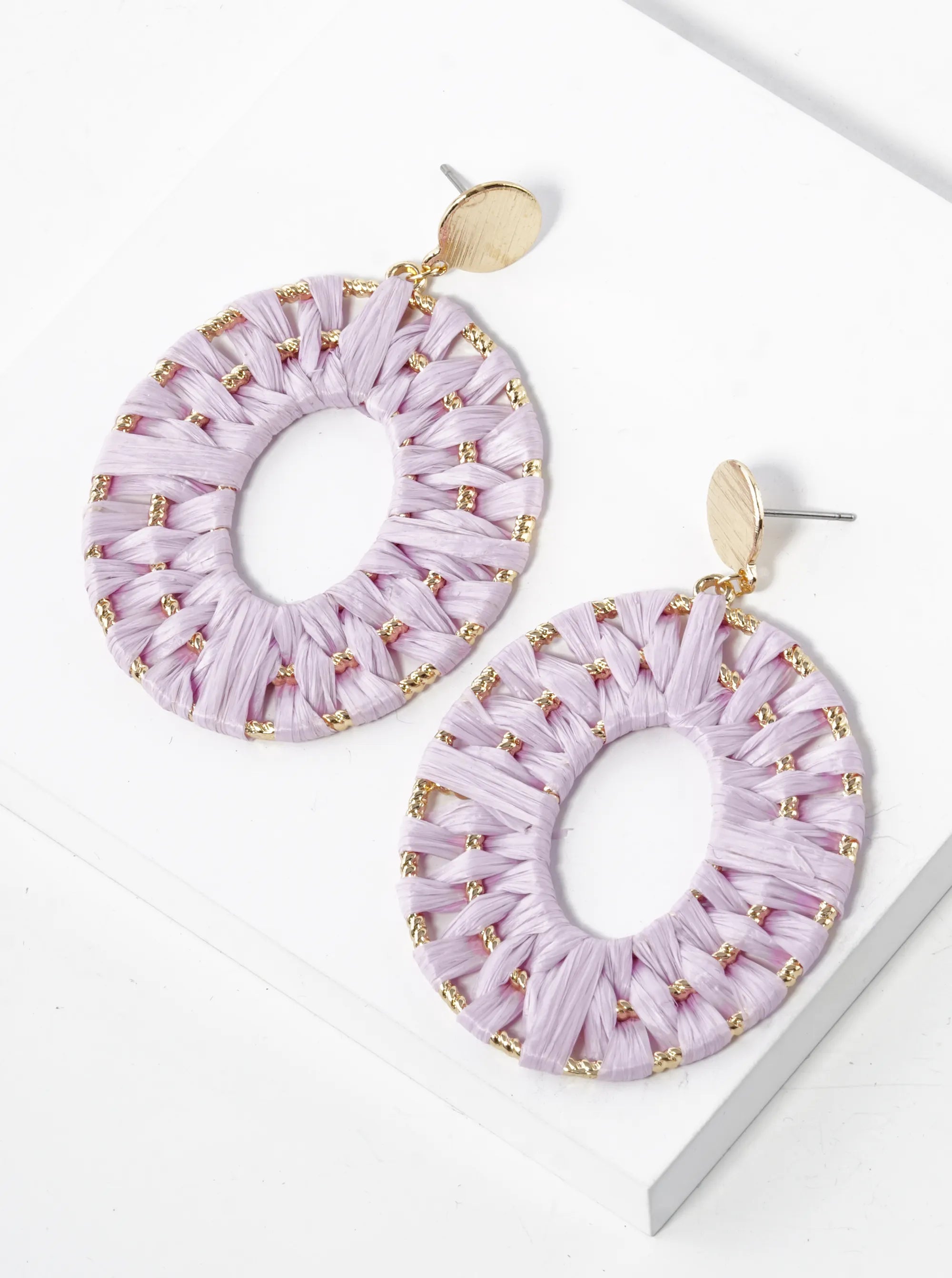 Raffia Wrapped Oval Drop Dangle Post Earrings